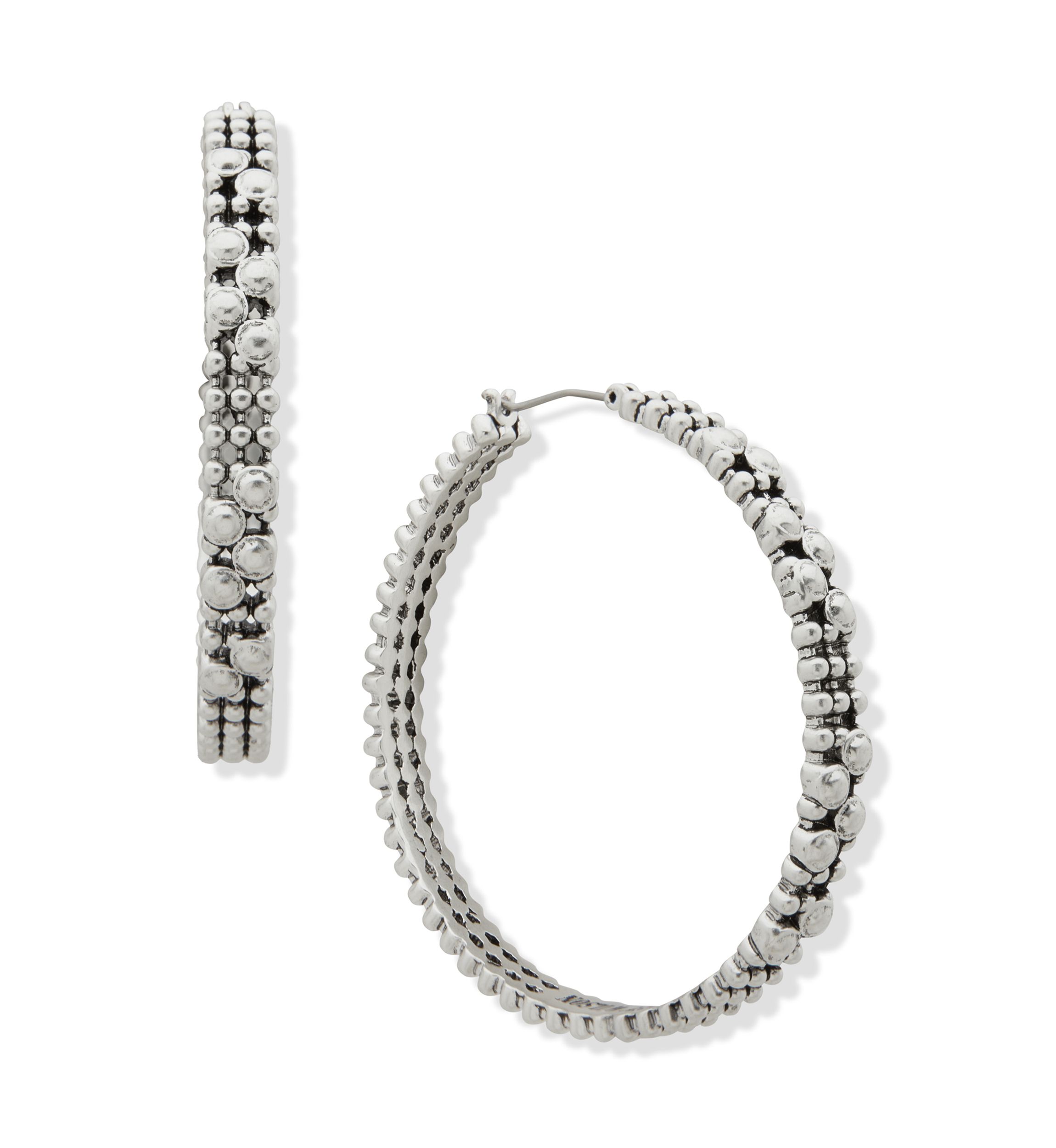 Silver Tone 47 Millimeter Beaded Hoop Earrings