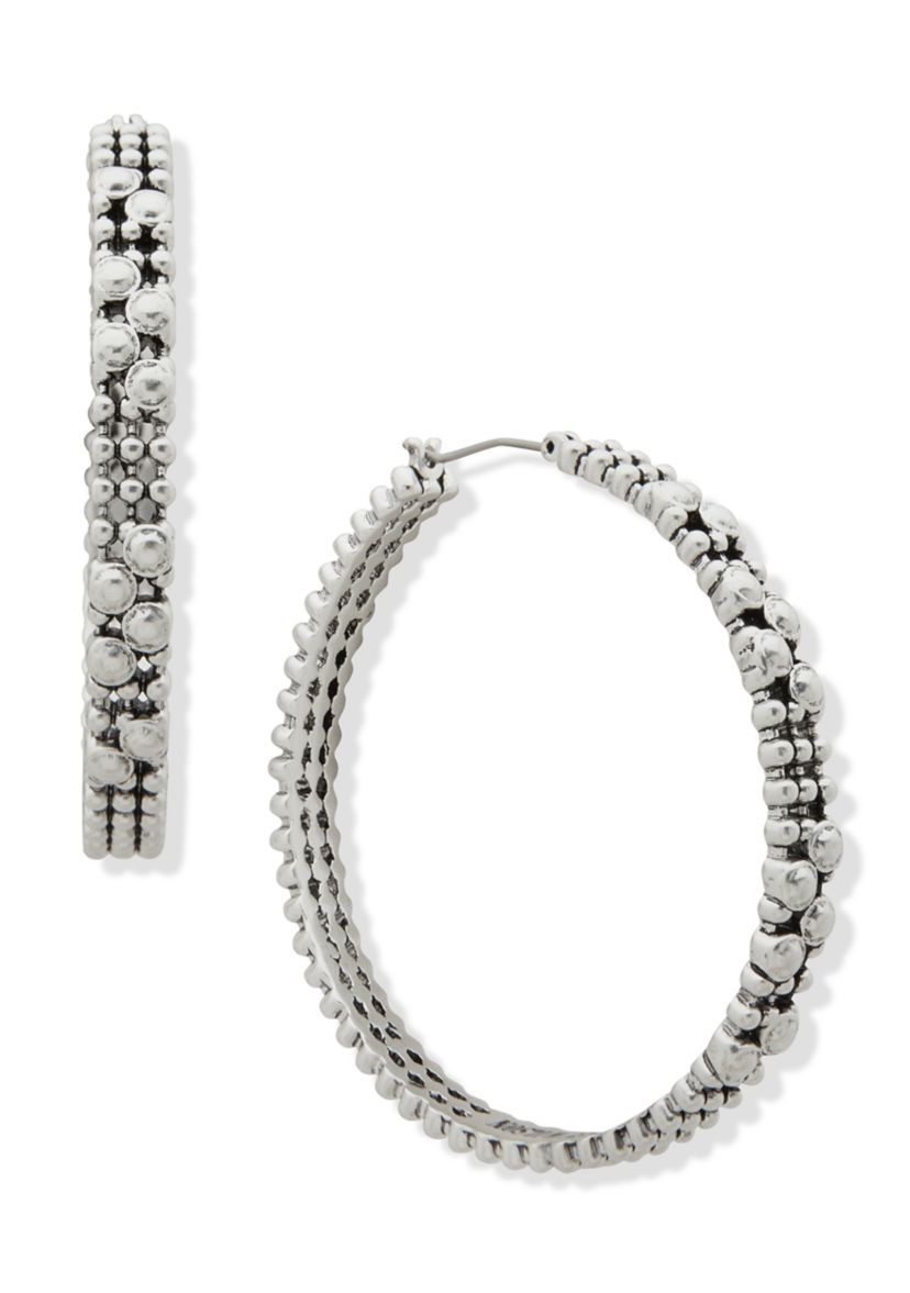 Silver Tone 47 Millimeter Beaded Hoop Earrings