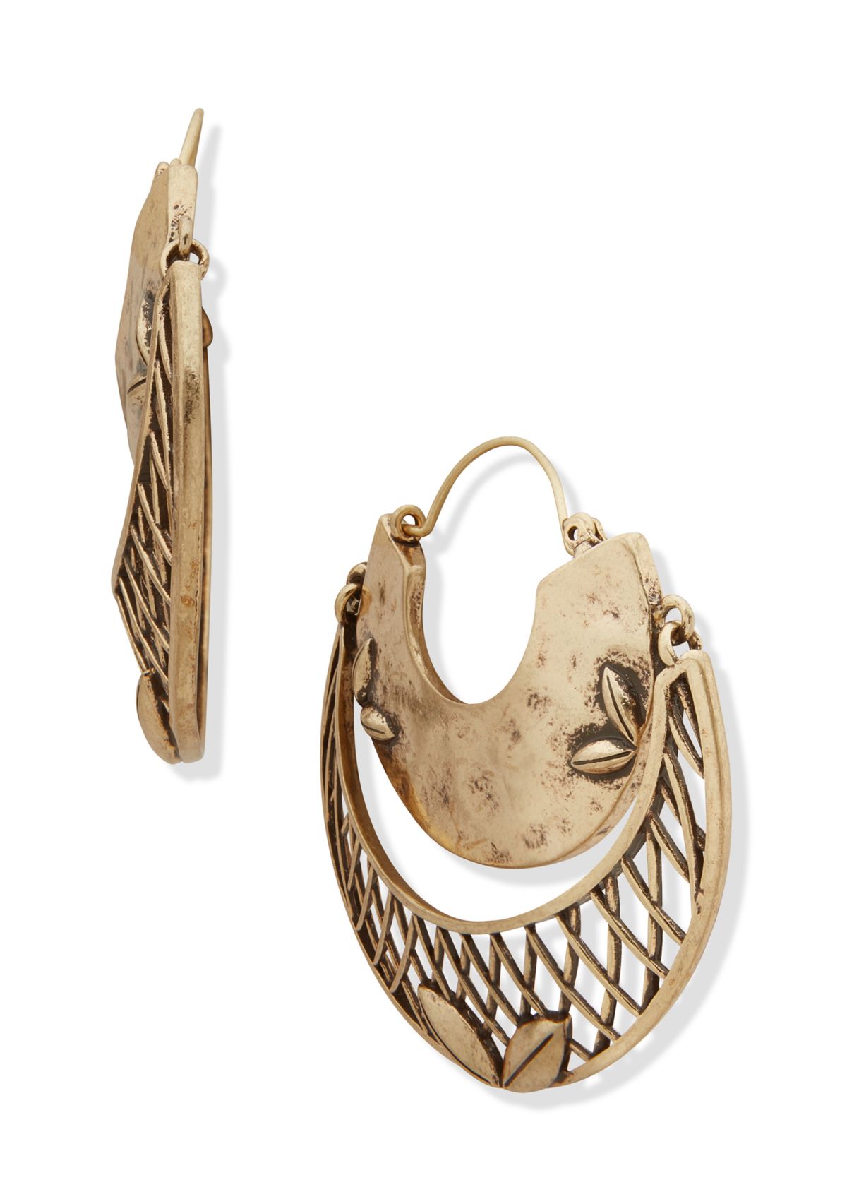 Gold Tone 51 Millimeter Lattice Leaf Hoop Earrings