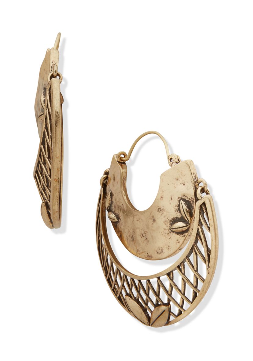 Gold Tone 51 Millimeter Lattice Leaf Hoop Earrings