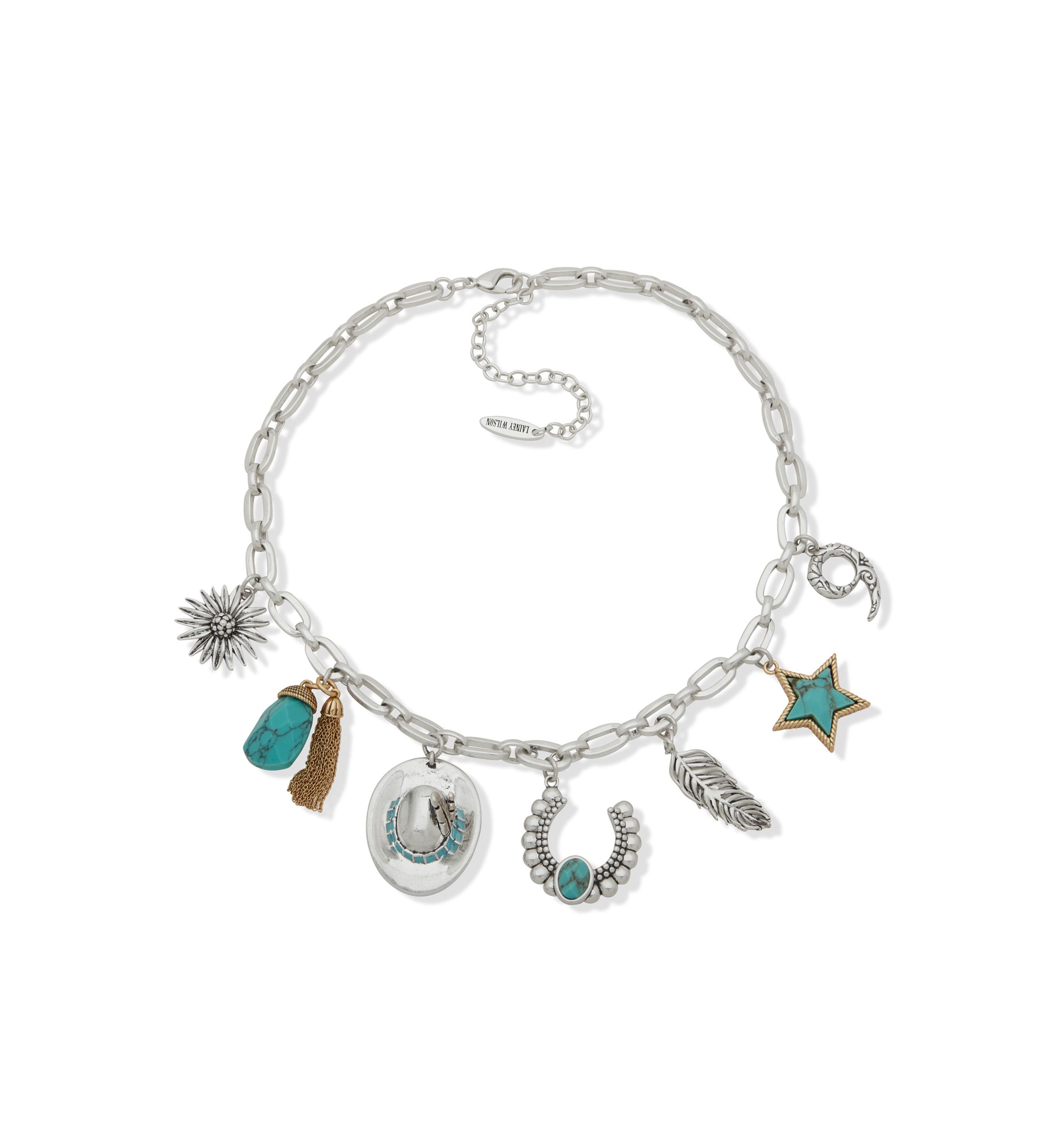 Silver Tone Turquoise Tone Charm Frontal Necklace