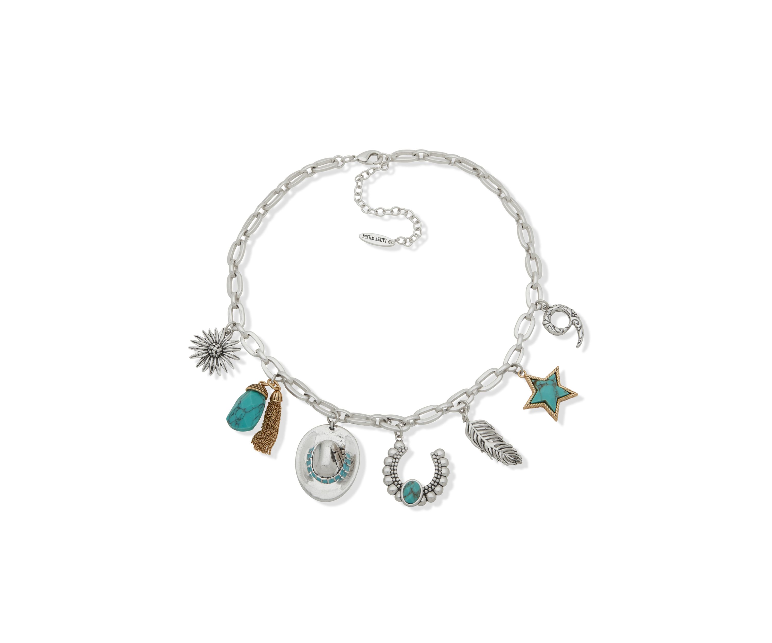 Silver Tone Turquoise Tone Charm Frontal Necklace