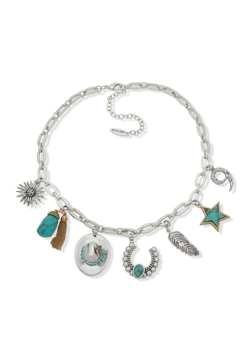 Silver Tone Turquoise Tone Charm Frontal Necklace