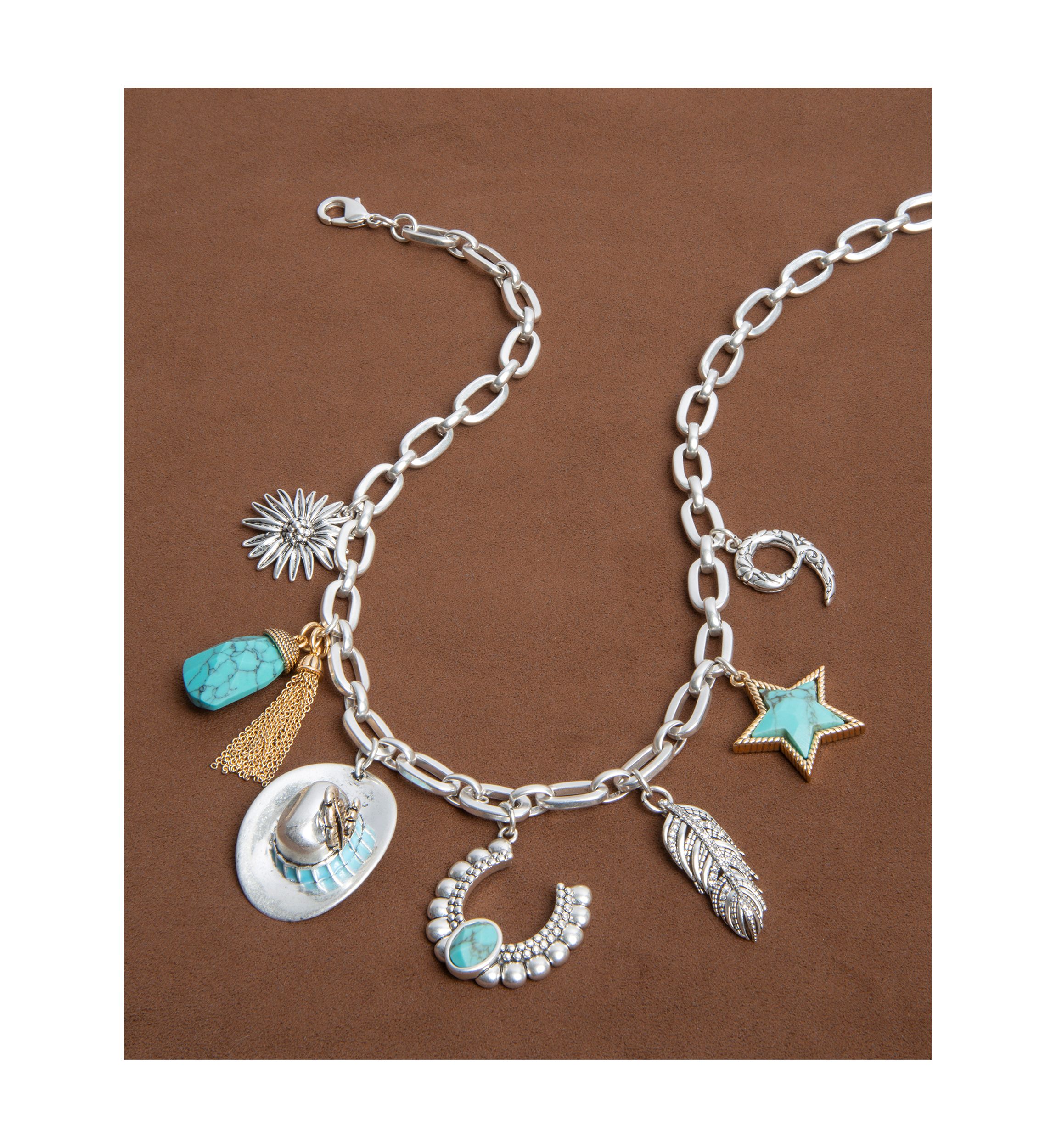 Silver Tone Turquoise Tone Charm Frontal Necklace