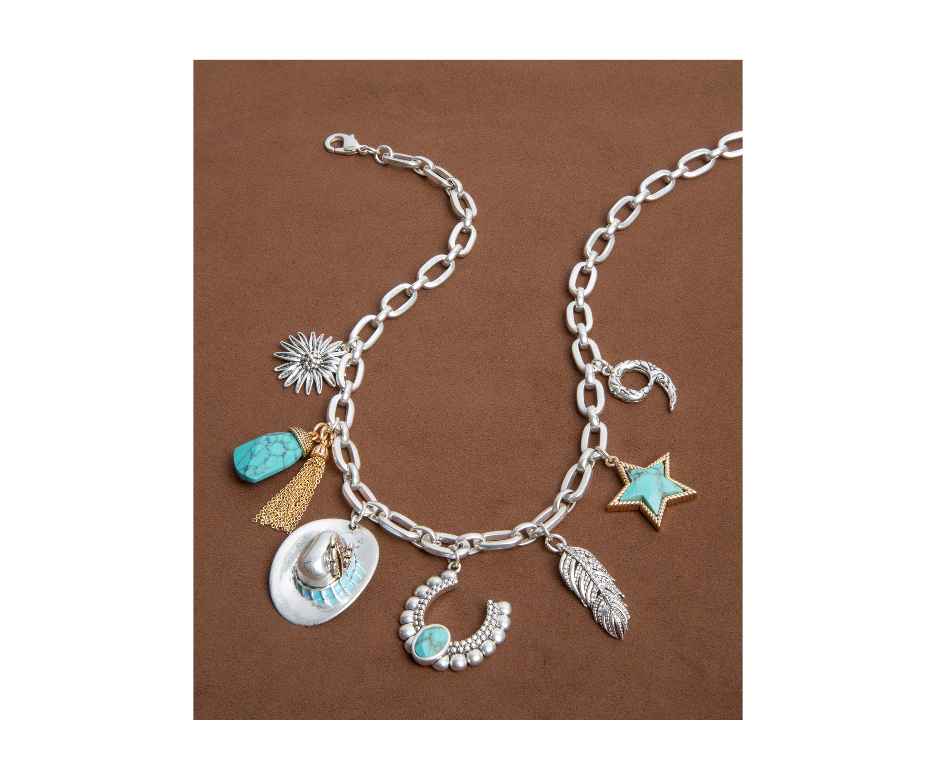 Silver Tone Turquoise Tone Charm Frontal Necklace