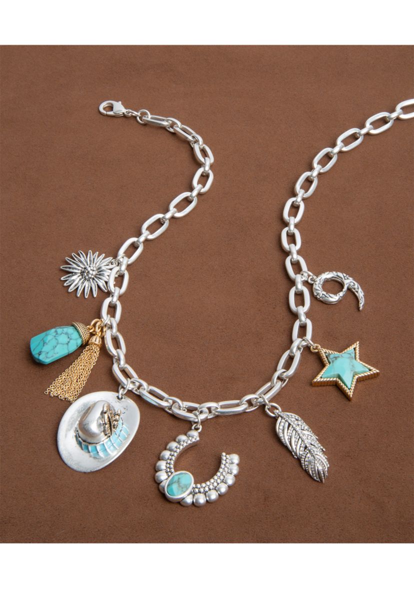 Silver Tone Turquoise Tone Charm Frontal Necklace