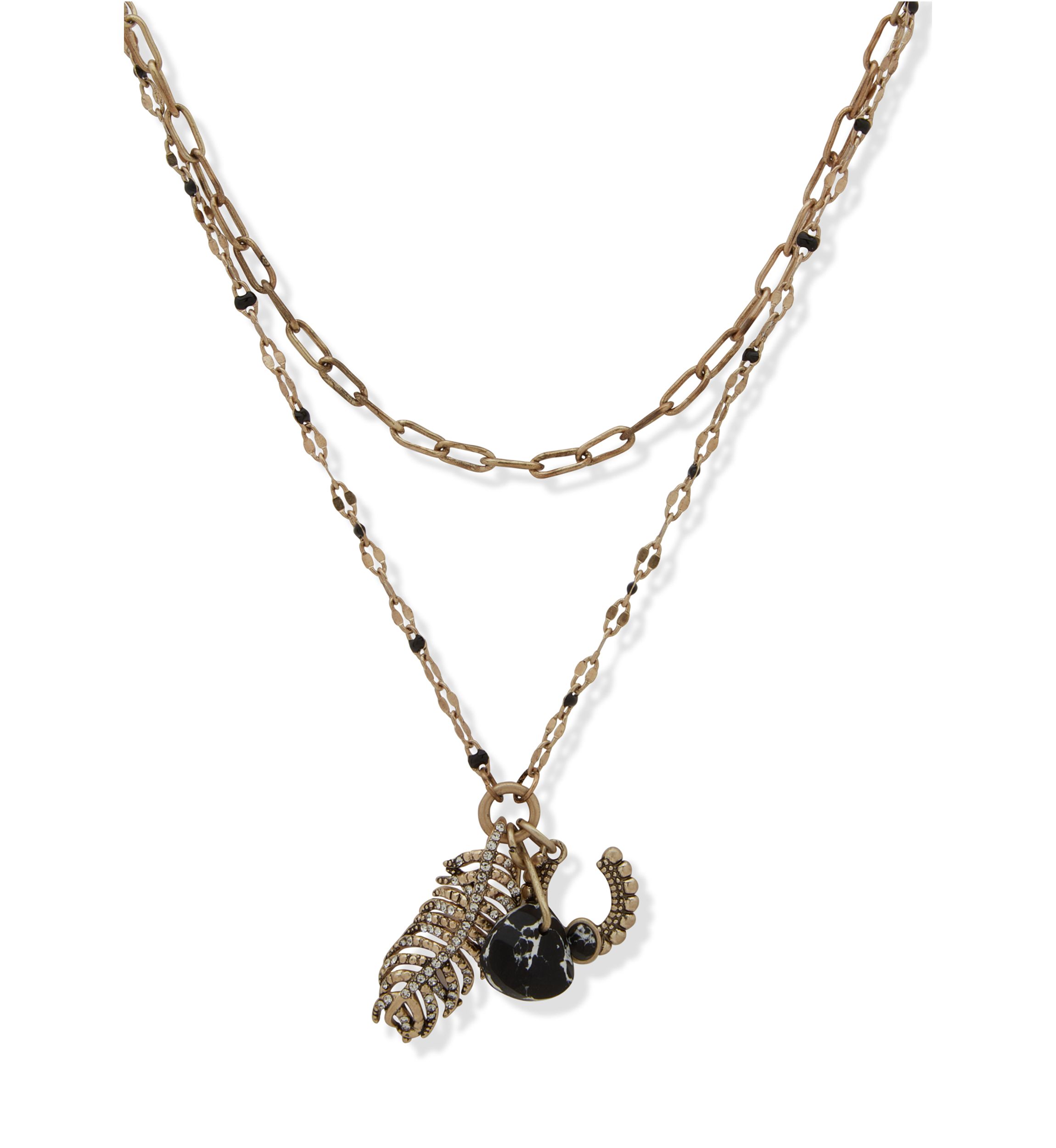Gold Tone Jet Feather Charm Multirow Necklace