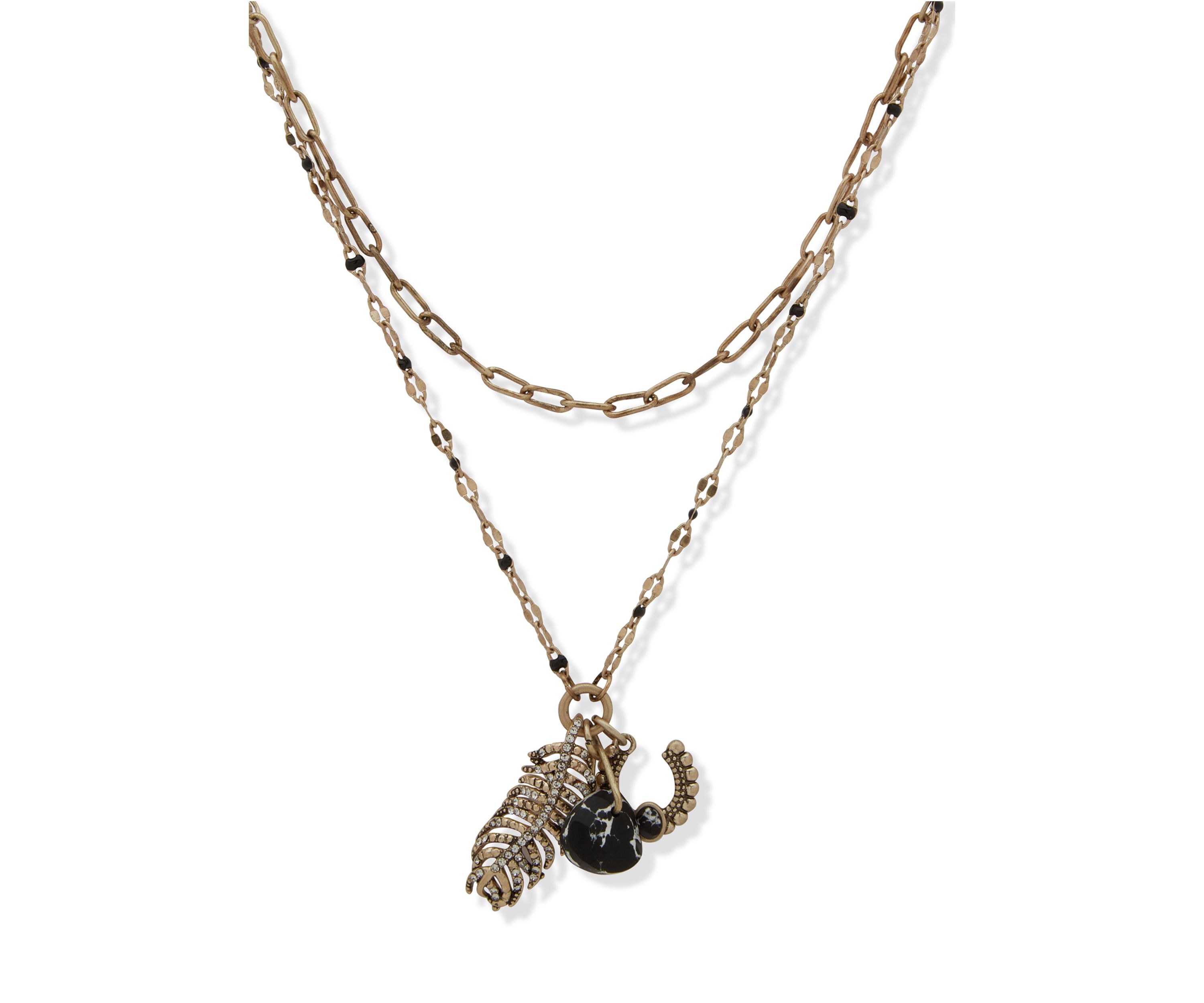 Gold Tone Jet Feather Charm Multirow Necklace