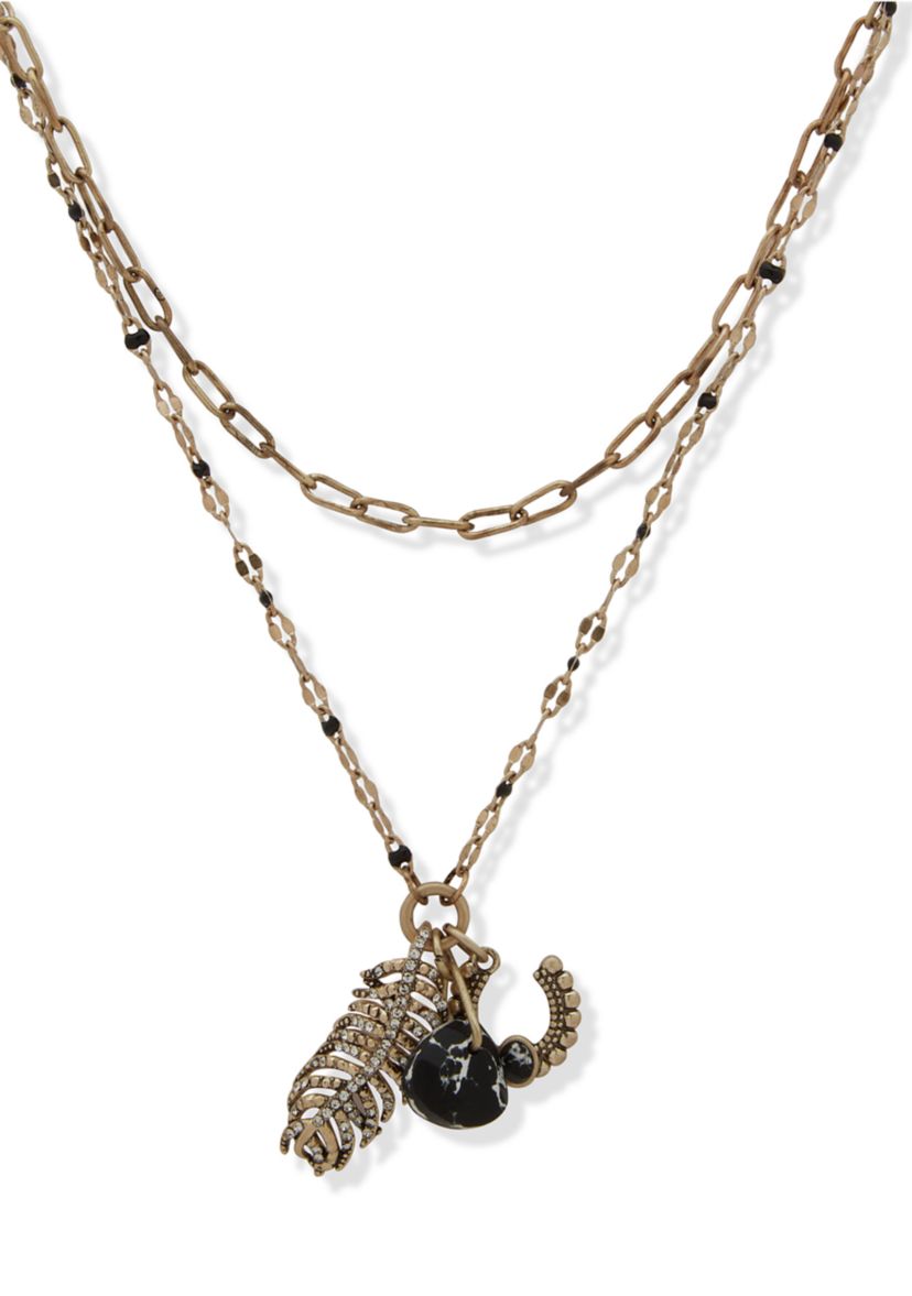 Gold Tone Jet Feather Charm Multirow Necklace
