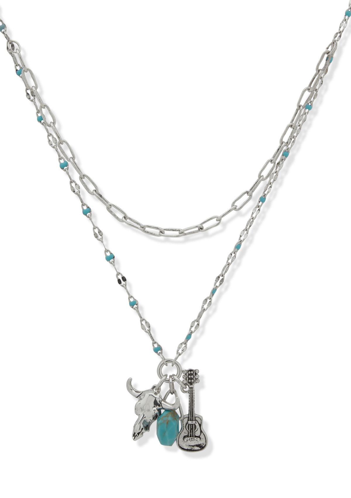 Silver Tone Turquoise Tone Guitar Charm Multirow Necklace
