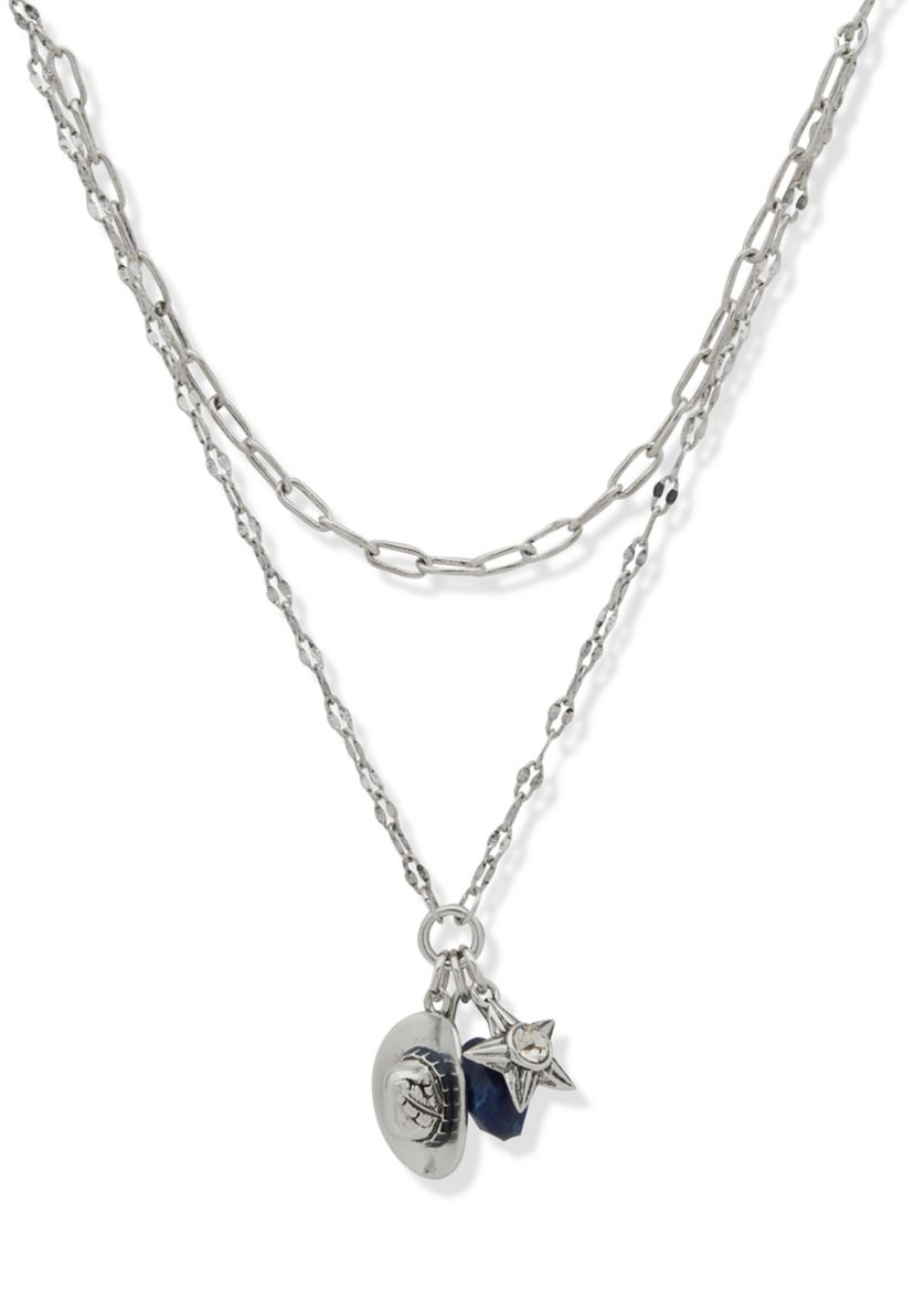 Silver Tone Blue Hat Charm Multirow Necklace