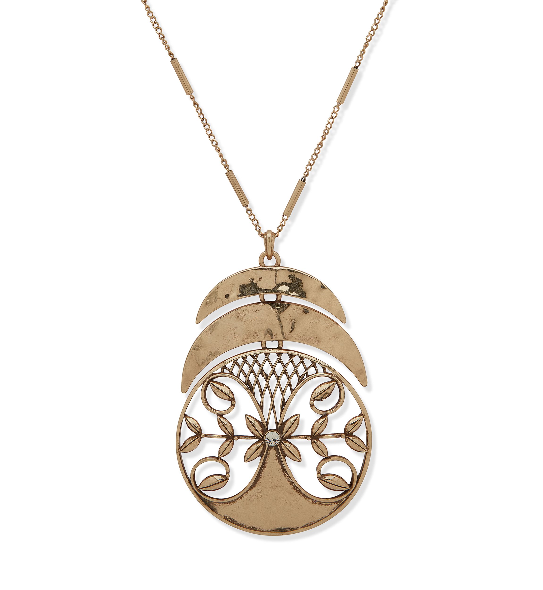 Gold Tone Lattice Leaf Pendant Necklace