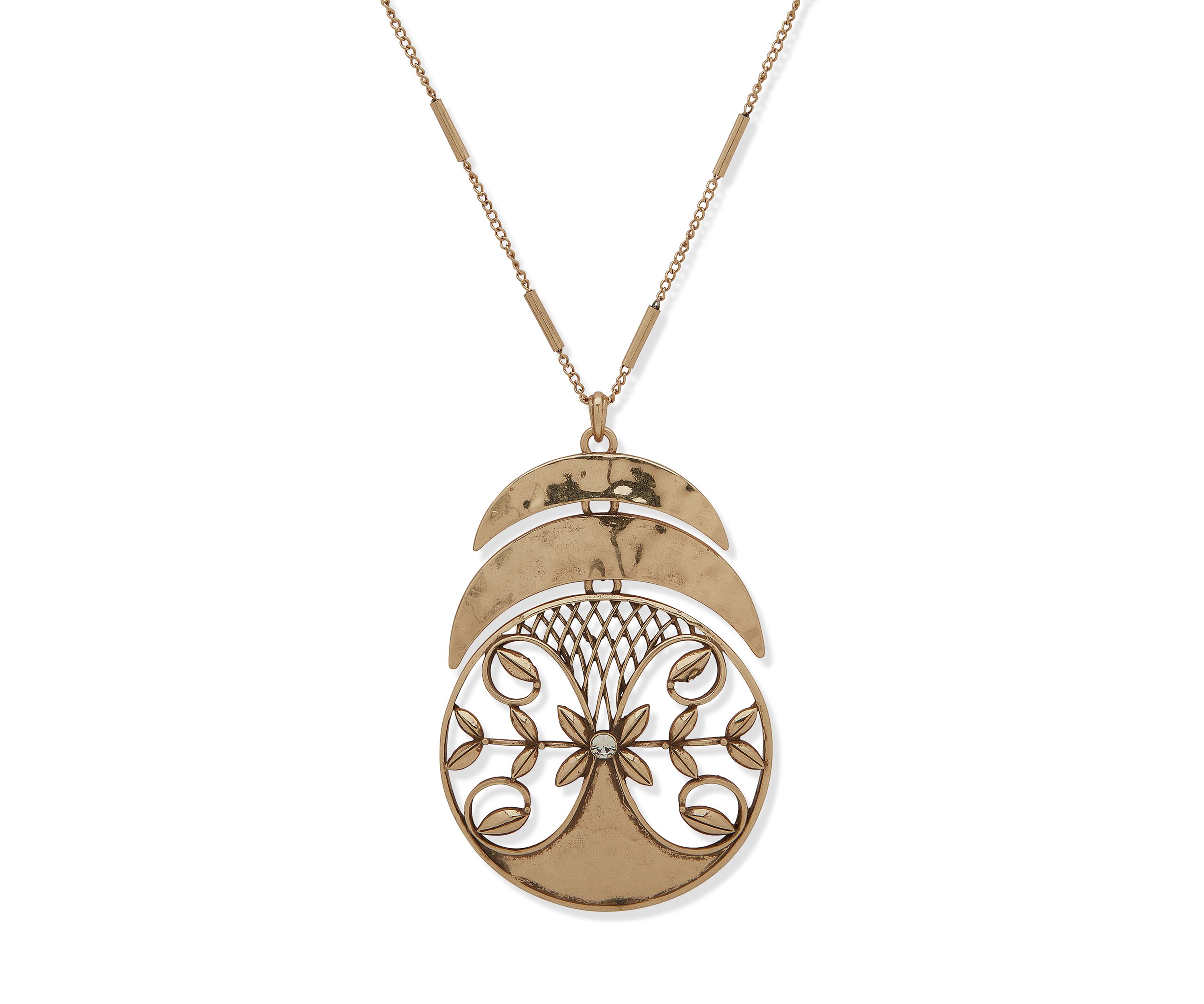Gold Tone Lattice Leaf Pendant Necklace