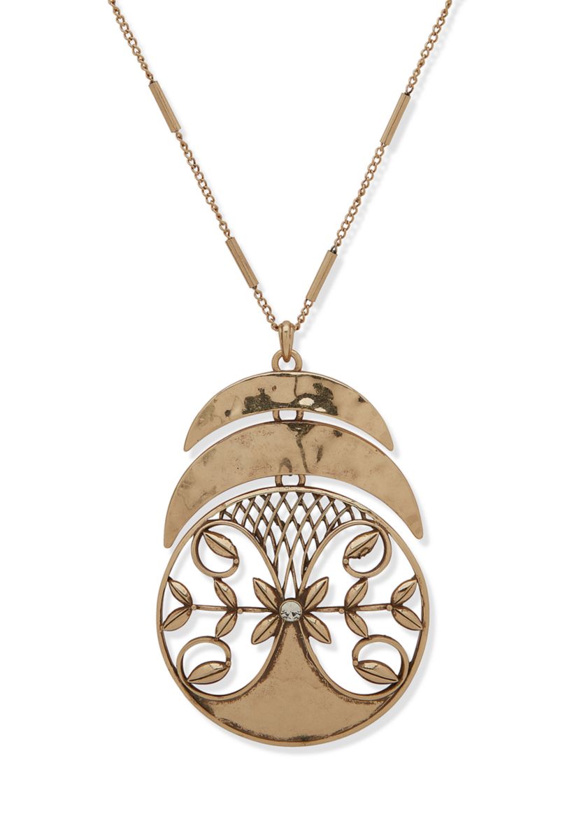 Gold Tone Lattice Leaf Pendant Necklace