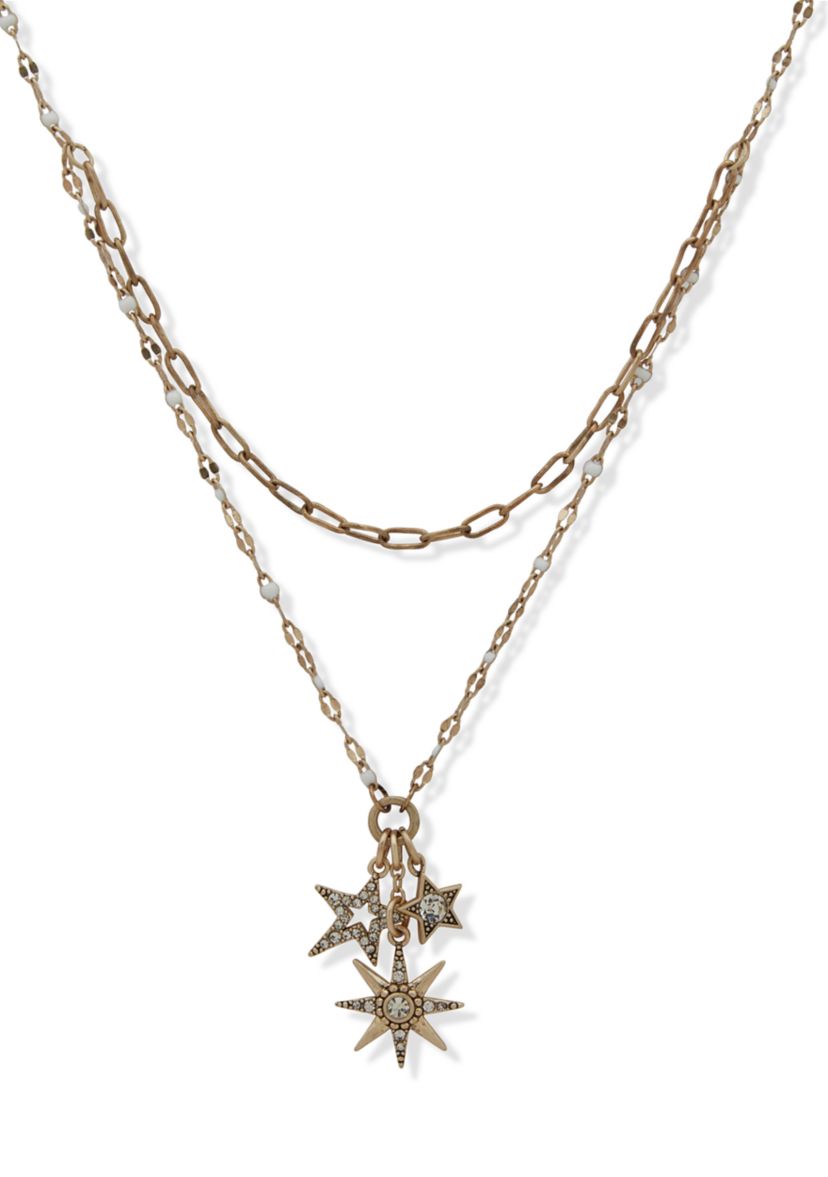 Gold Tone White Star Charm Multirow Necklace