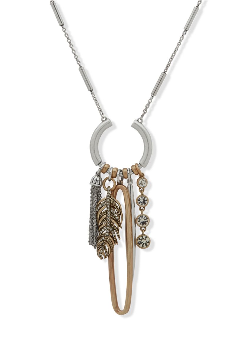 Long Silver Tone Charm Pendant Necklace