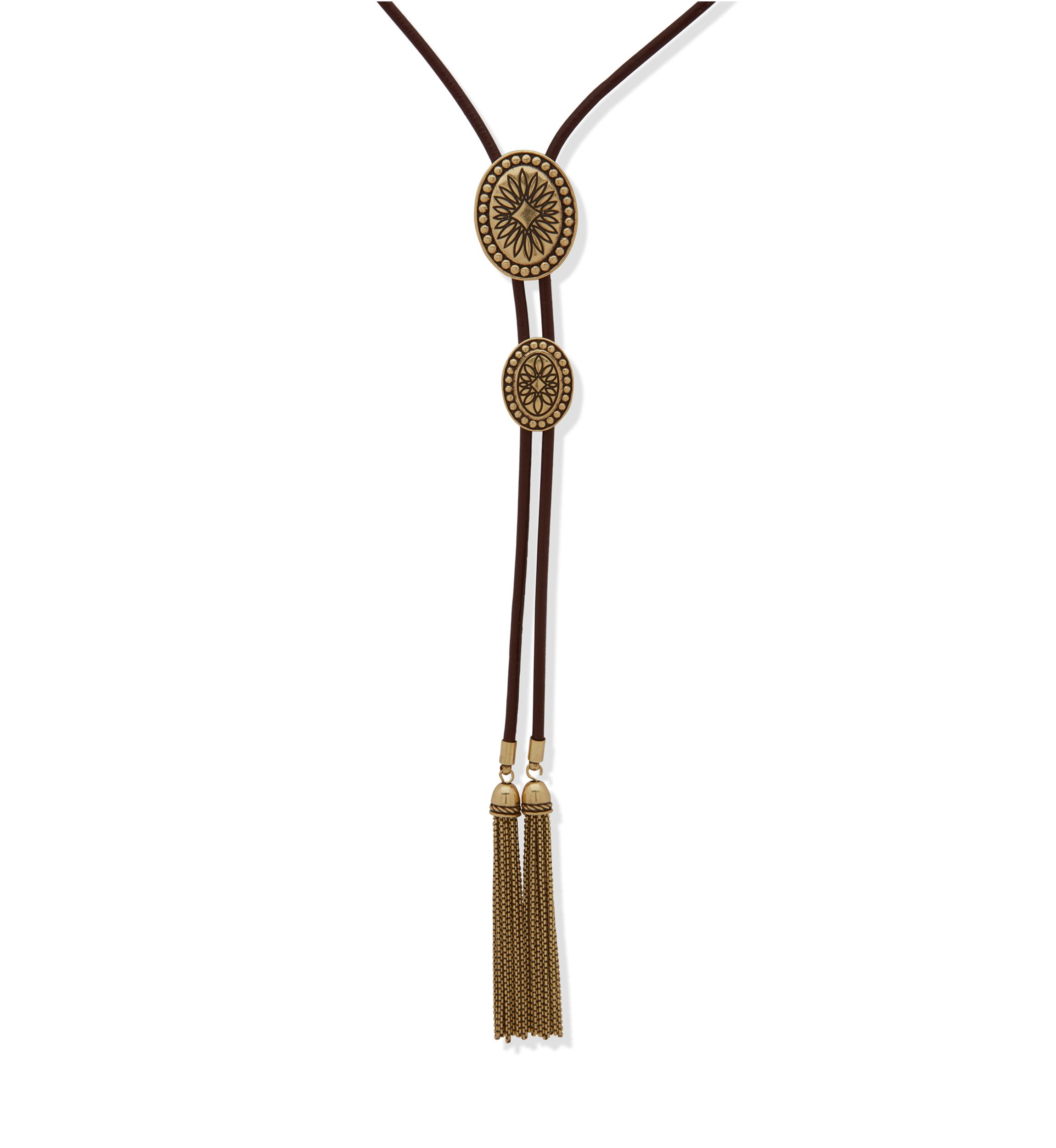Gold Tone Long Tassel Bolo Necklace