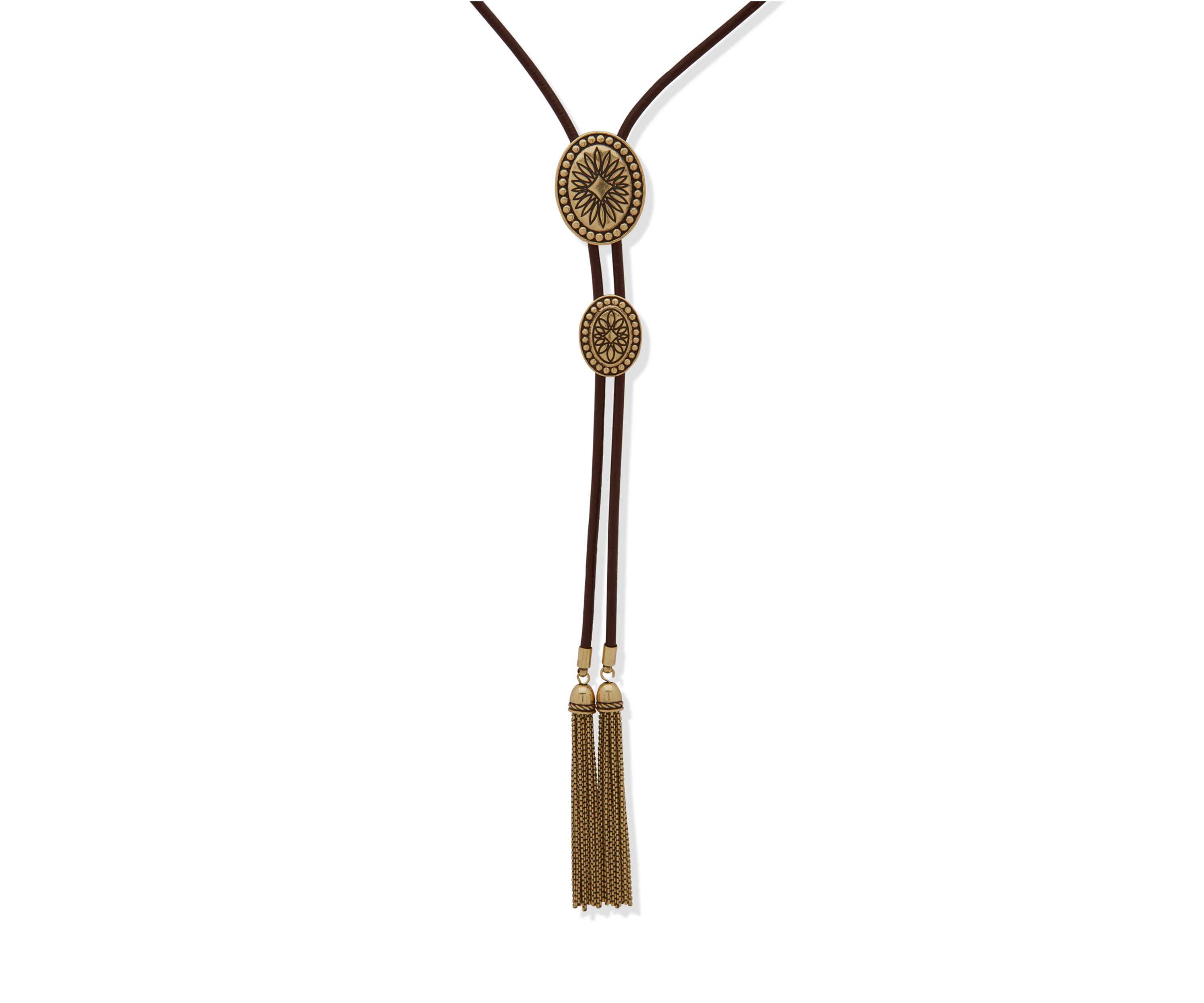 Gold Tone Long Tassel Bolo Necklace