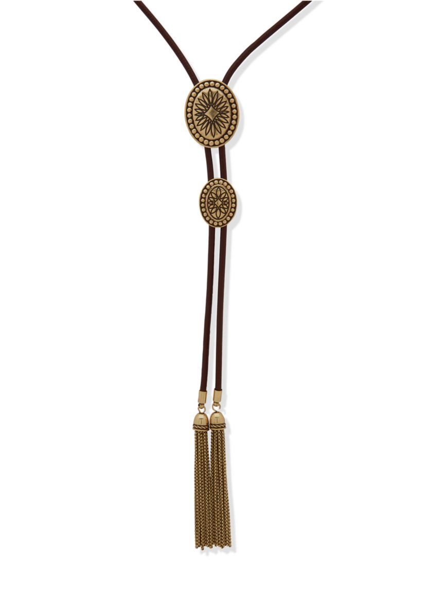 Gold Tone Long Tassel Bolo Necklace