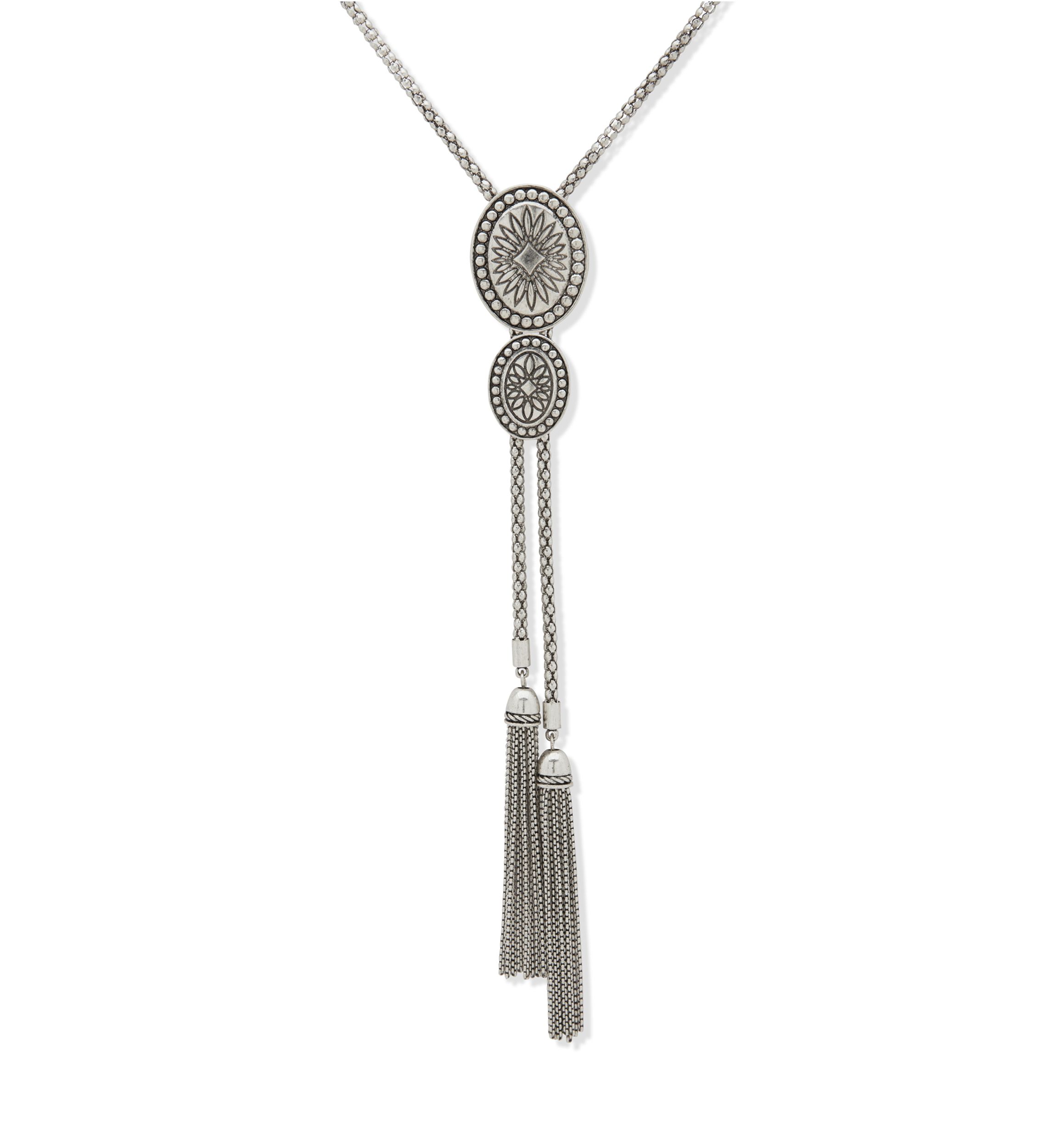 Silver Tone Long Tassel Bolo Necklace
