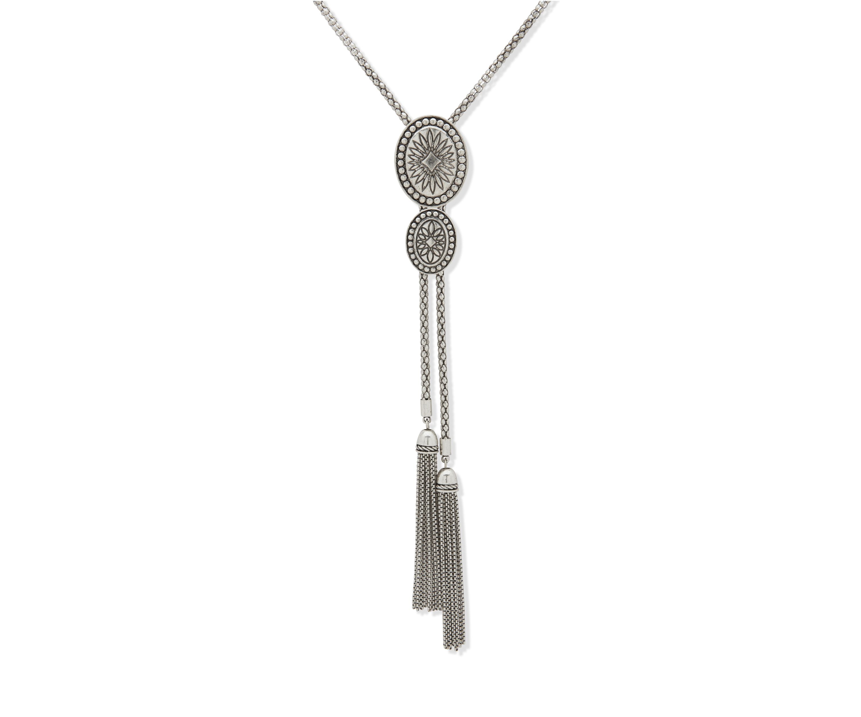 Silver Tone Long Tassel Bolo Necklace