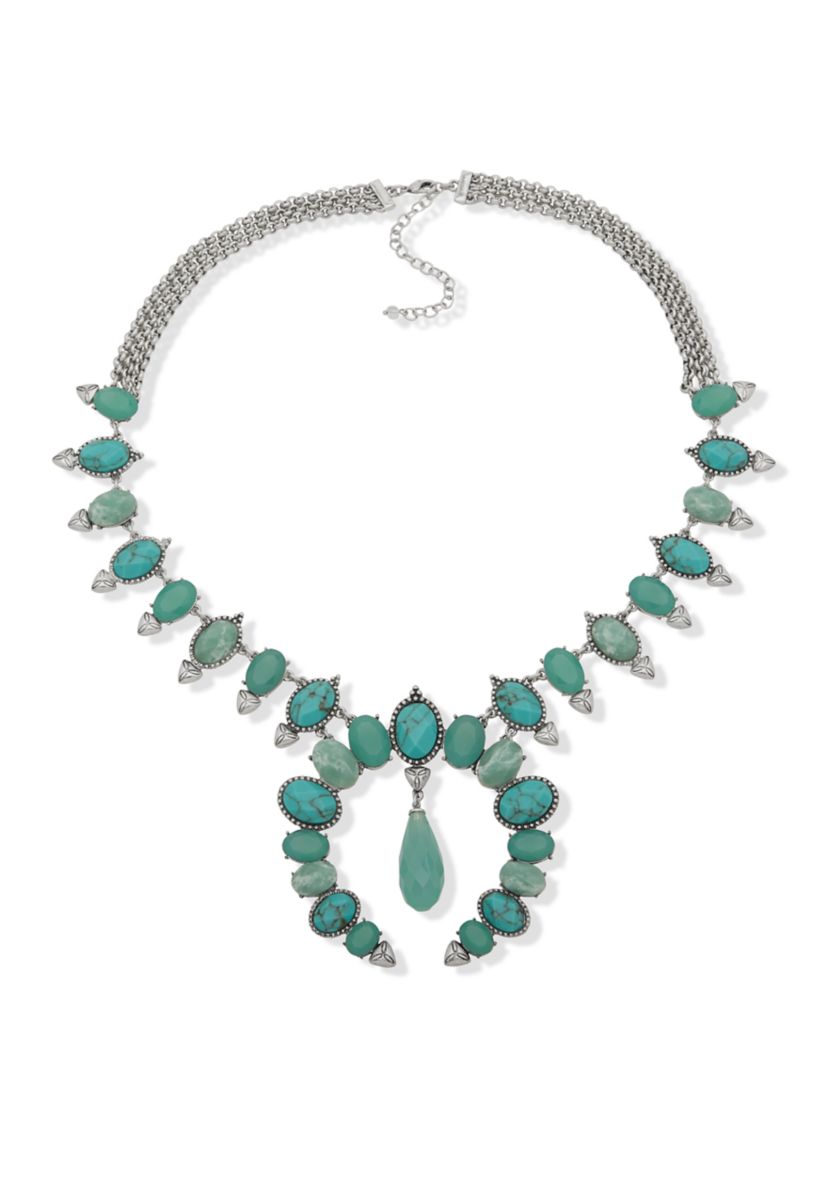 Silver Tone Turquoise Tone 36" Squash Blossom Necklace