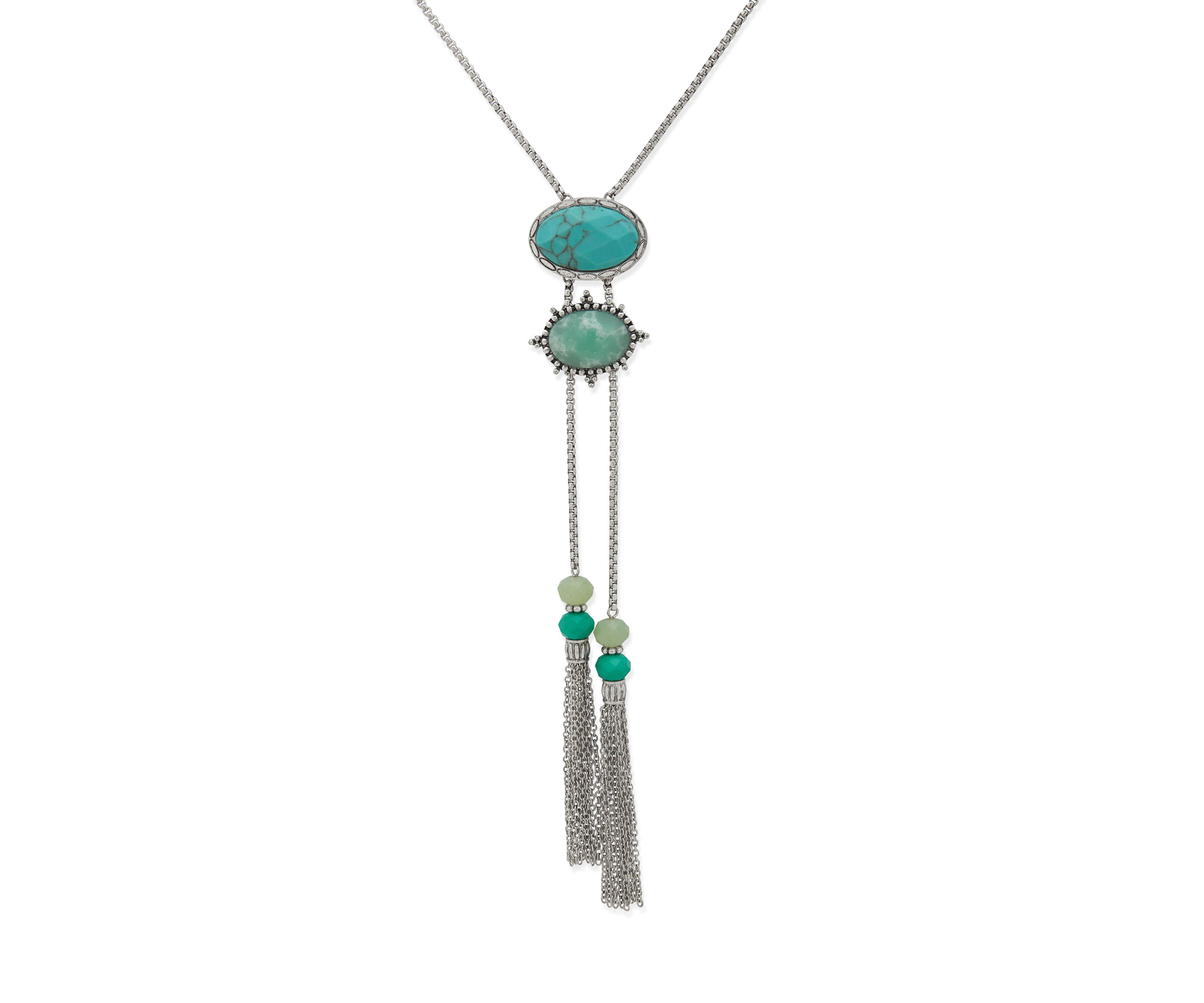 Silver Tone Turquoise Tone Stone Tassel Bolo Necklace