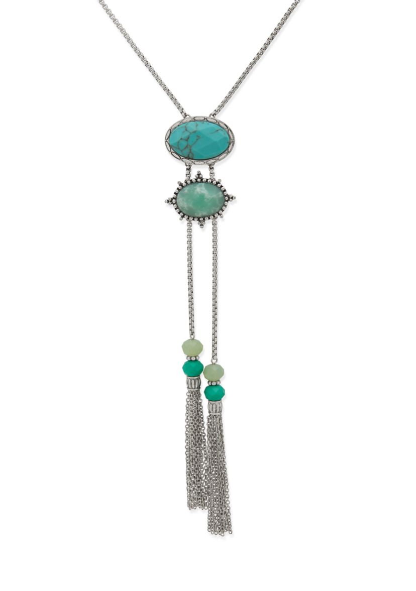 Silver Tone Turquoise Tone Stone Tassel Bolo Necklace