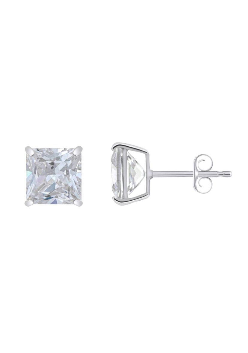 14K Gold 7mm Princess Cut Cubic Zirconia Stud Earrings