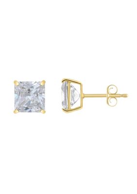 Top Fashion Jewelers 14K Gold 7mm Princess Cut Cubic Zirconia Stud Earrings, Yellow