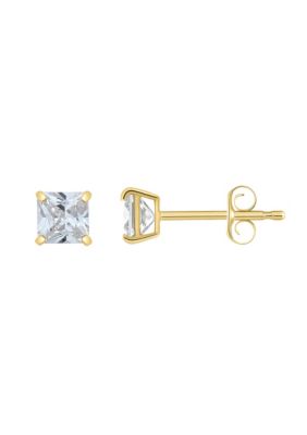 Top Fashion Jewelers 14K Gold 4mm Princess Cut Cubic Zirconia Stud Earrings, Yellow