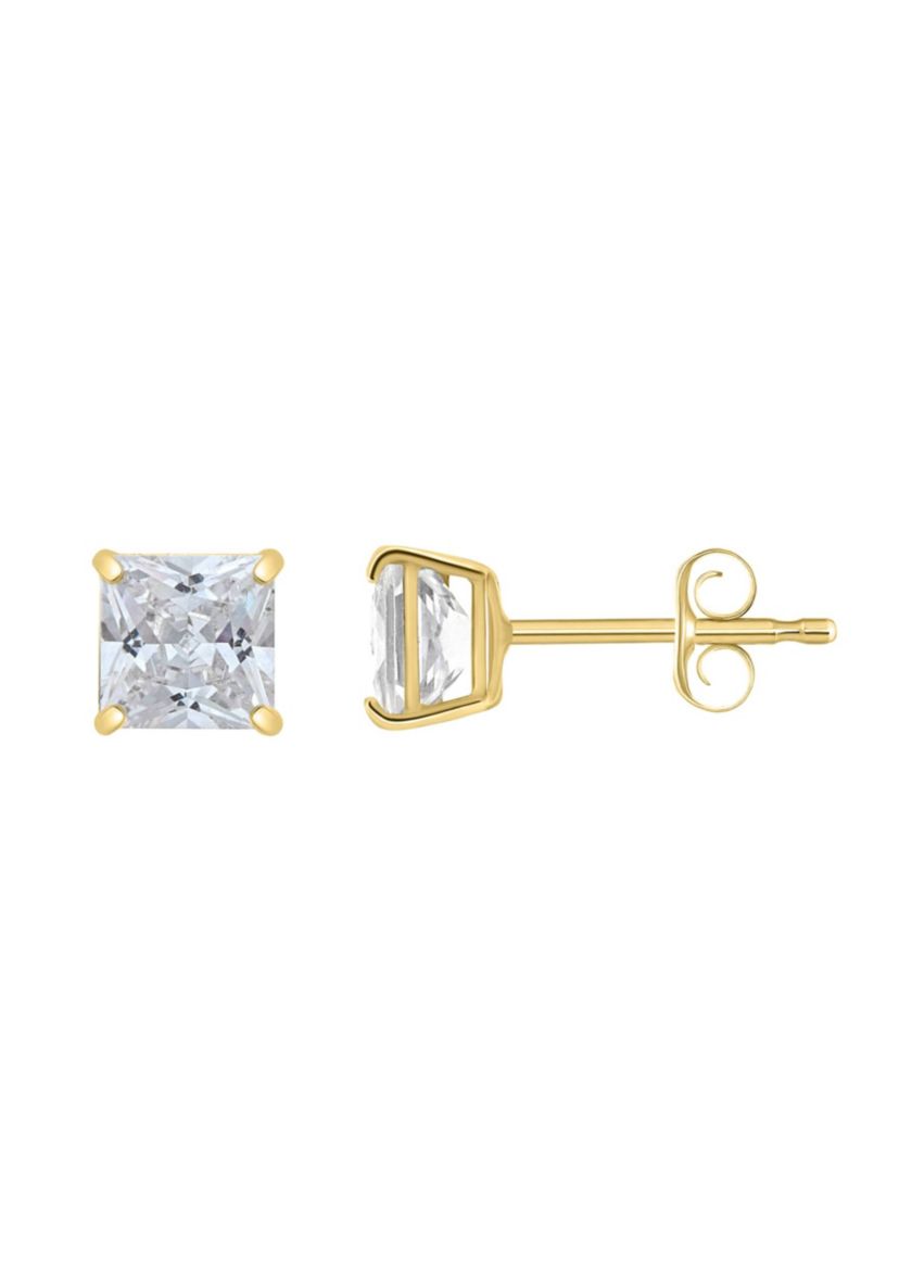 14K Gold 5mm Princess Cut Cubic Zirconia Stud Earrings