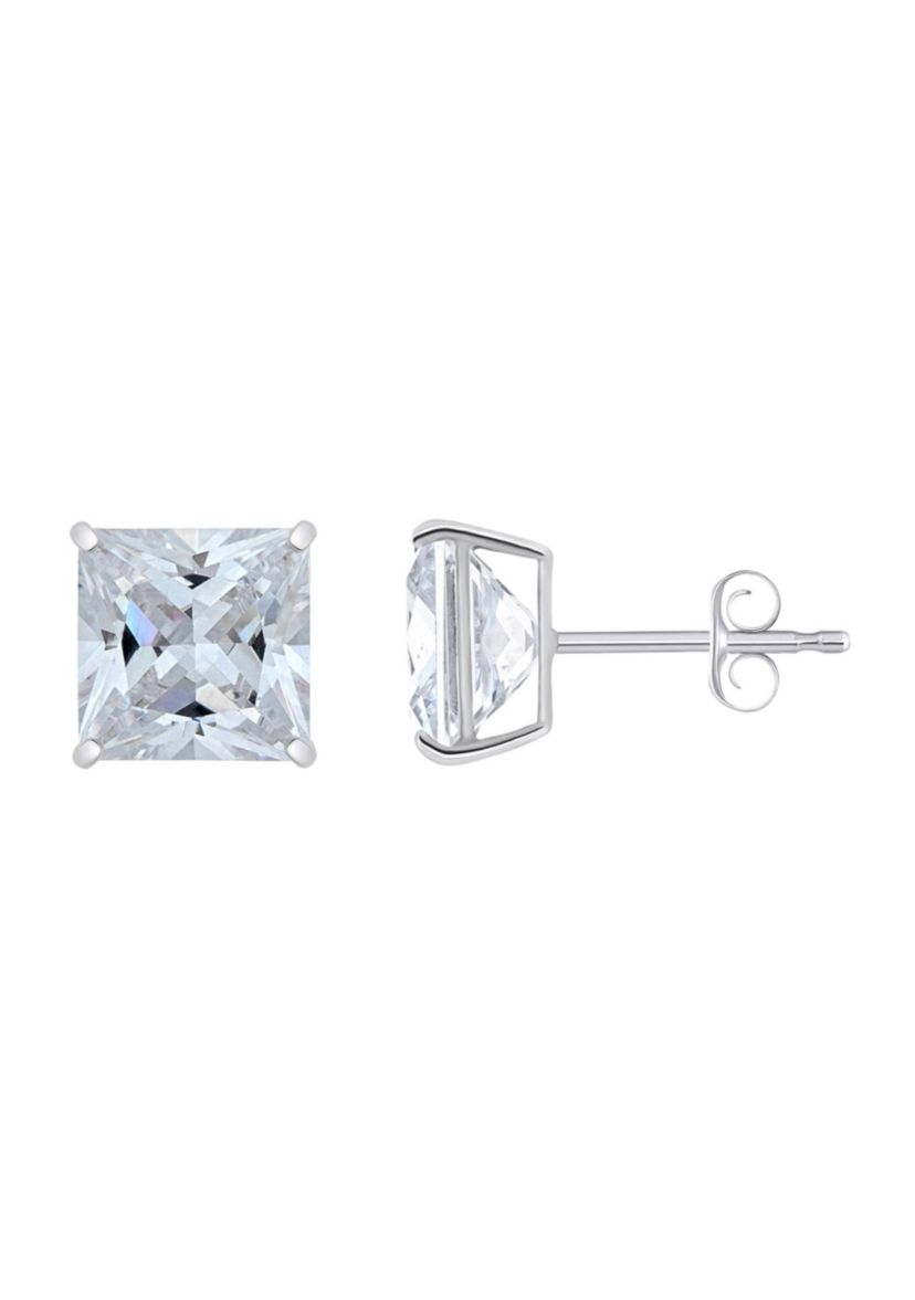 14K Gold 8mm Princess Cut Cubic Zirconia Stud Earrings