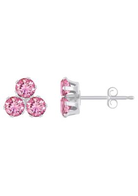 Top Fashion Jewelers 10K Gold 3mm Round Pink Cubic Zirconia Triple Cluster Stud Earrings, White