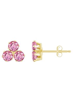 Top Fashion Jewelers 10K Gold 3mm Round Pink Cubic Zirconia Triple Cluster Stud Earrings