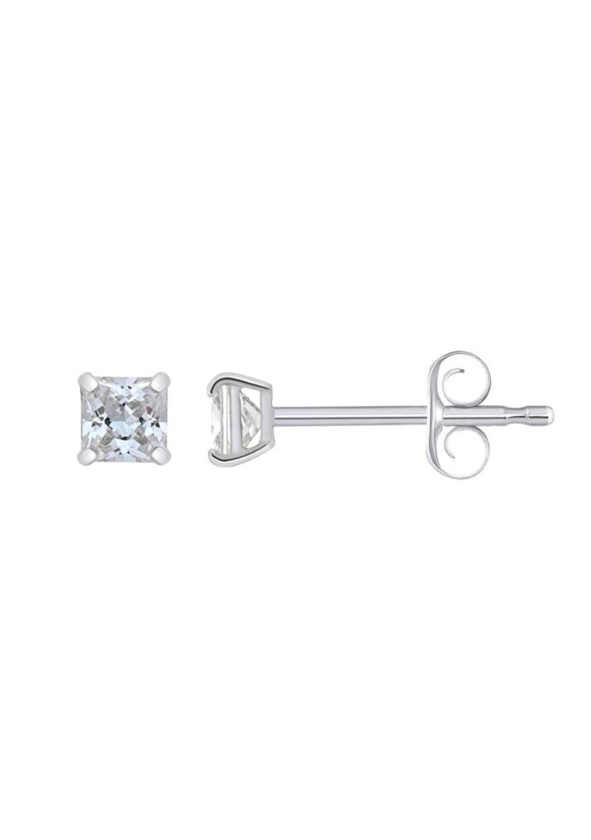14K Gold 3mm Princess Cut Cubic Zirconia Stud Earrings