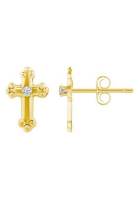 Top Fashion Jewelers 14K Yellow Gold Cubic Zirconia Cross Stud Earrings