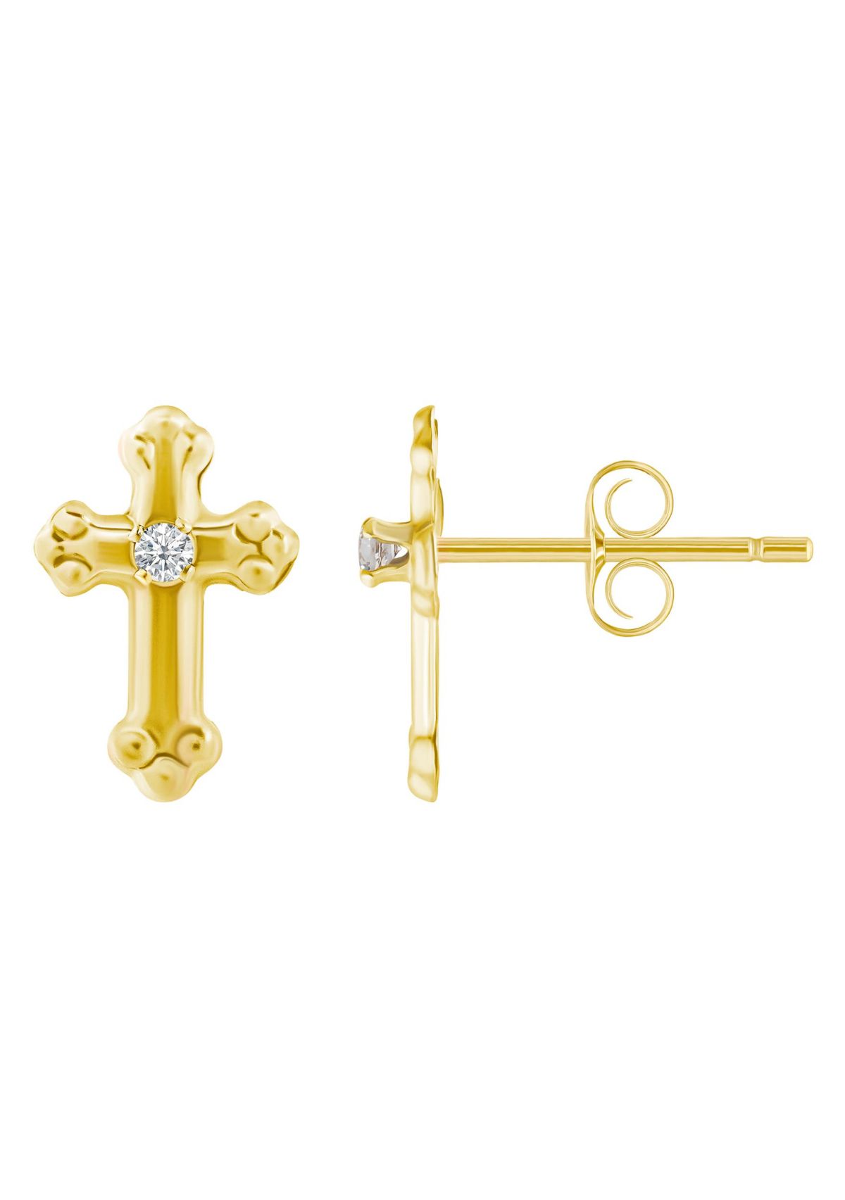 14K Yellow Gold Cubic Zirconia Cross Stud Earrings