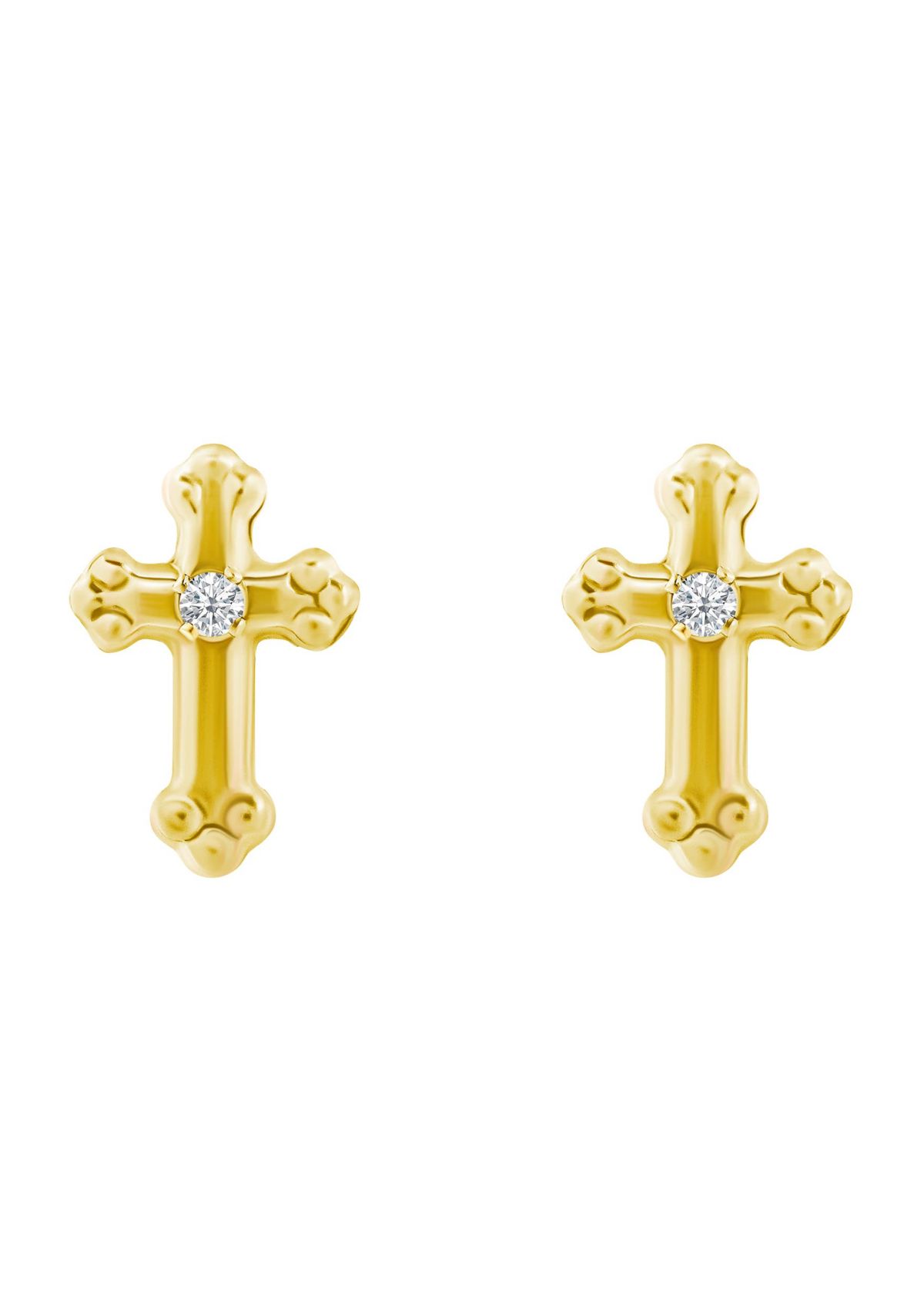 14K Yellow Gold Cubic Zirconia Cross Stud Earrings