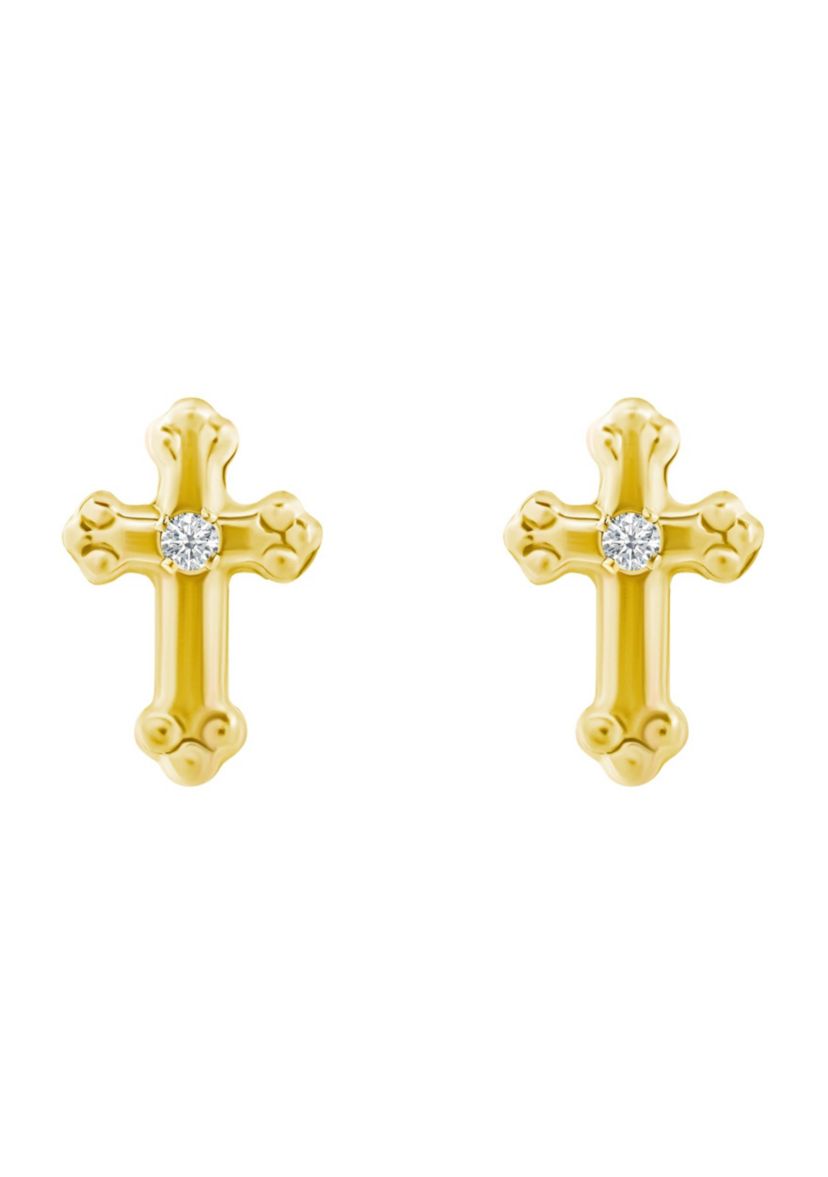 14K Yellow Gold Cubic Zirconia Cross Stud Earrings