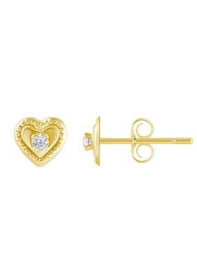 Top Fashion Jewelers 14K Yellow Gold Cubic Zirconia Beaded Heart Stud Earrings