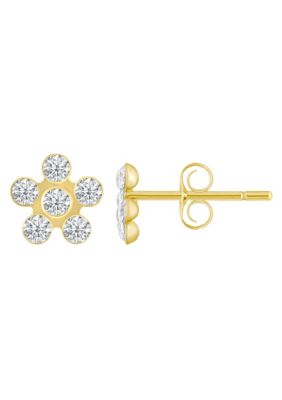Top Fashion Jewelers 14K Yellow Gold Cubic Zirconia Flower Cluster Stud Earrings