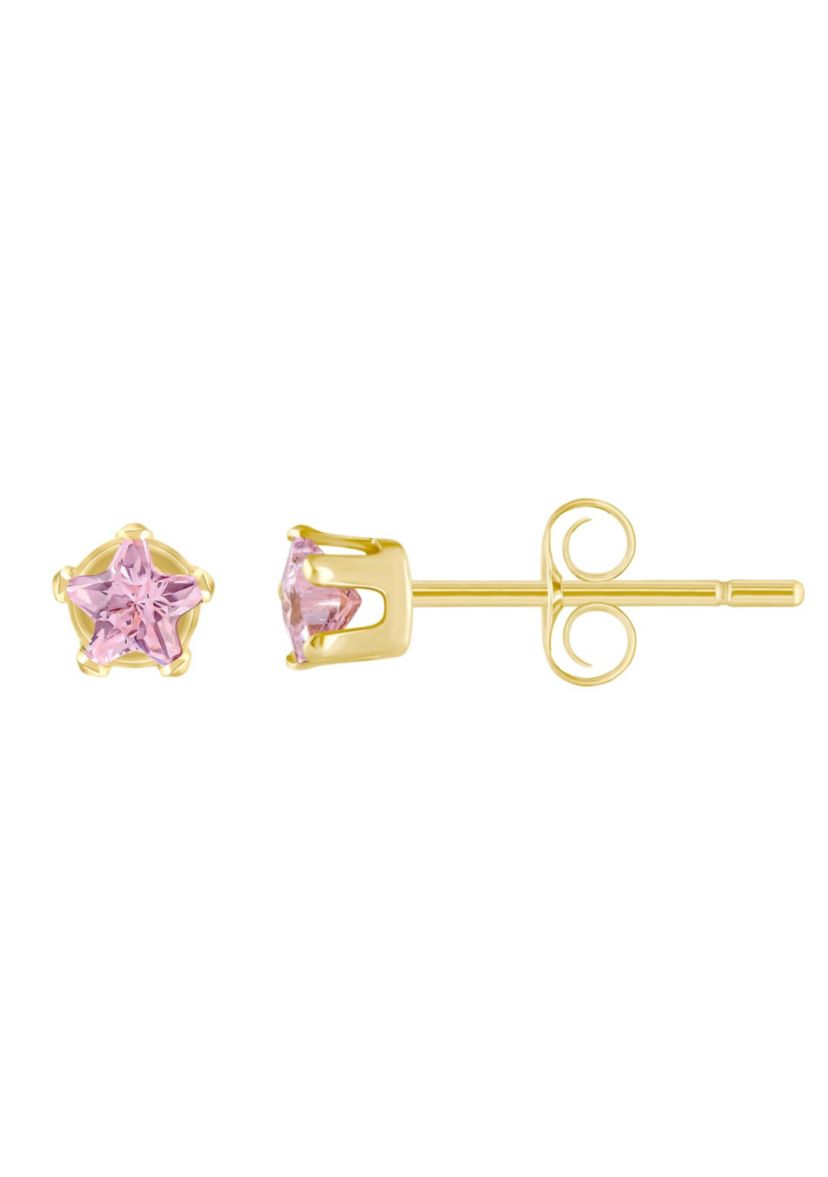 14K Yellow Gold 3mm Star Pink Cubic Zirconia Stud Earrings