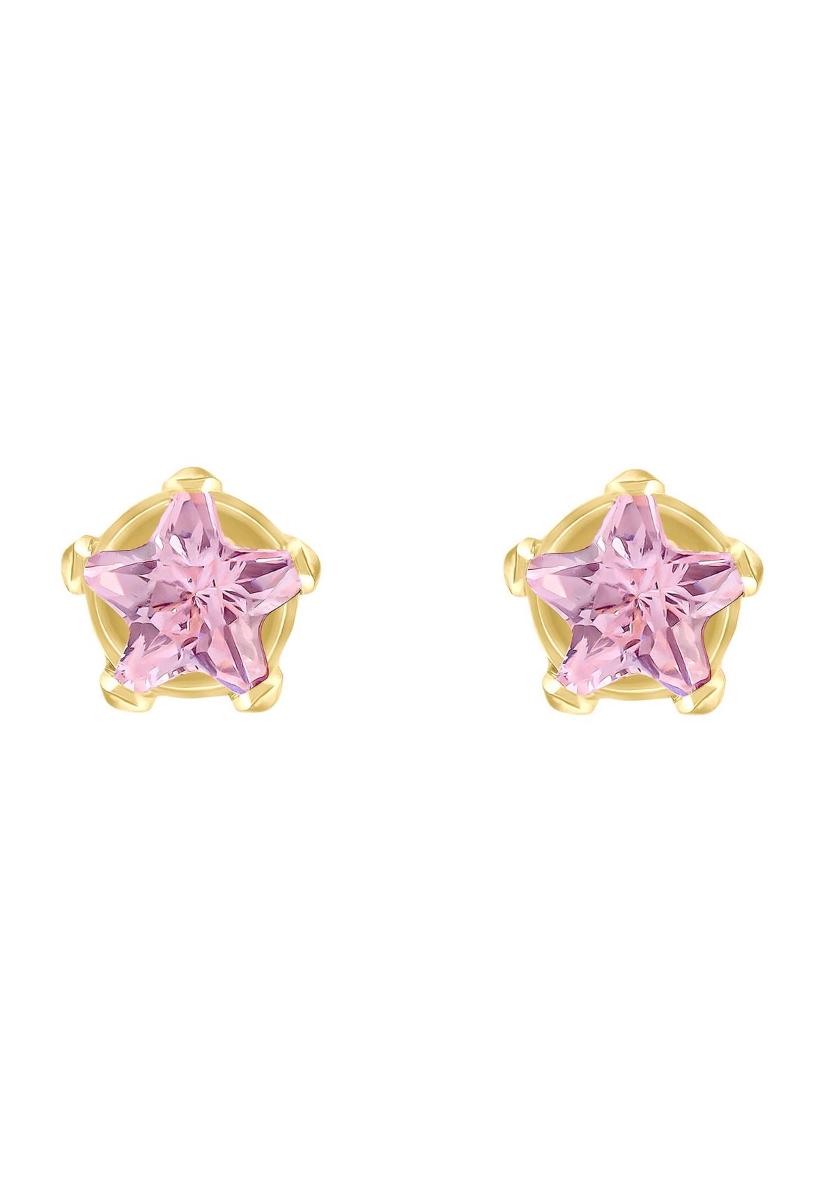 14K Yellow Gold 3mm Star Pink Cubic Zirconia Stud Earrings