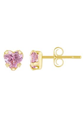 Top Fashion Jewelers 14K Yellow Gold 4mm Heart Shape Pink Cubic Zirconia Stud Earrings