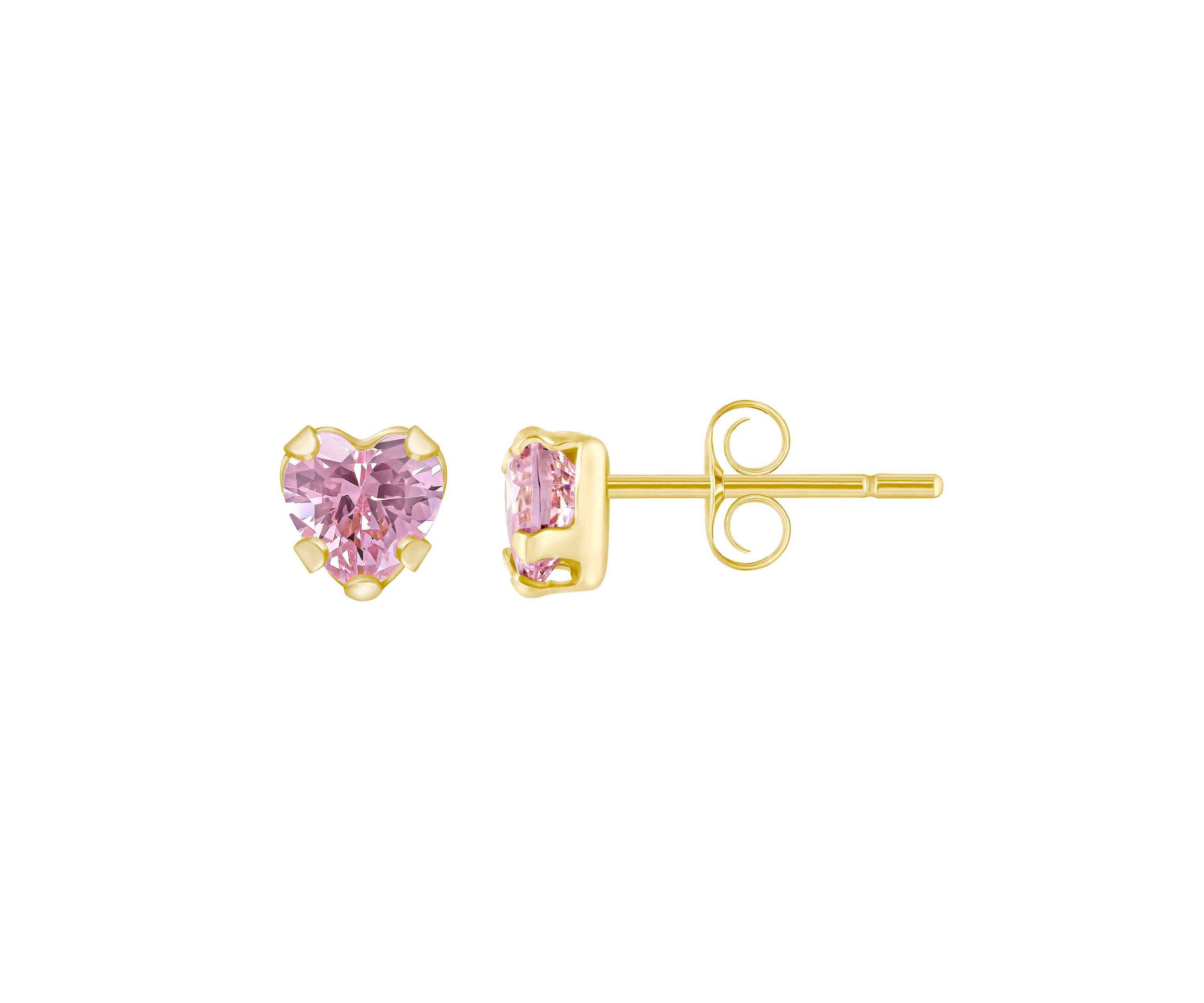 14K Yellow Gold 4mm Heart Shape Pink Cubic Zirconia Stud Earrings