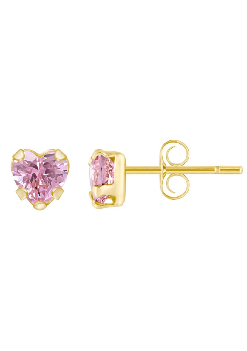 14K Yellow Gold 4mm Heart Shape Pink Cubic Zirconia Stud Earrings