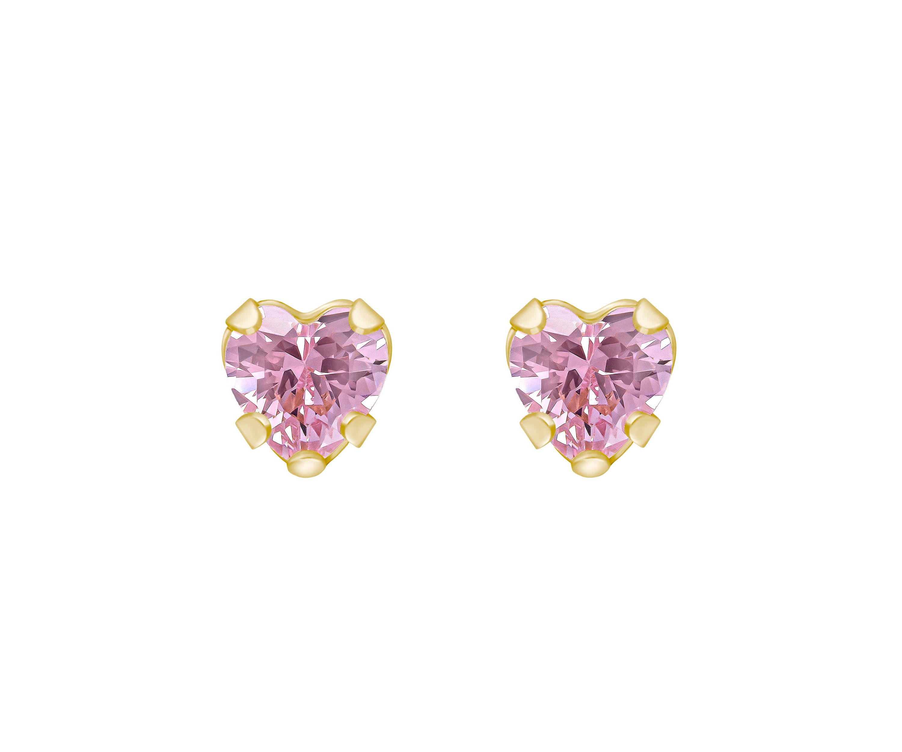14K Yellow Gold 4mm Heart Shape Pink Cubic Zirconia Stud Earrings