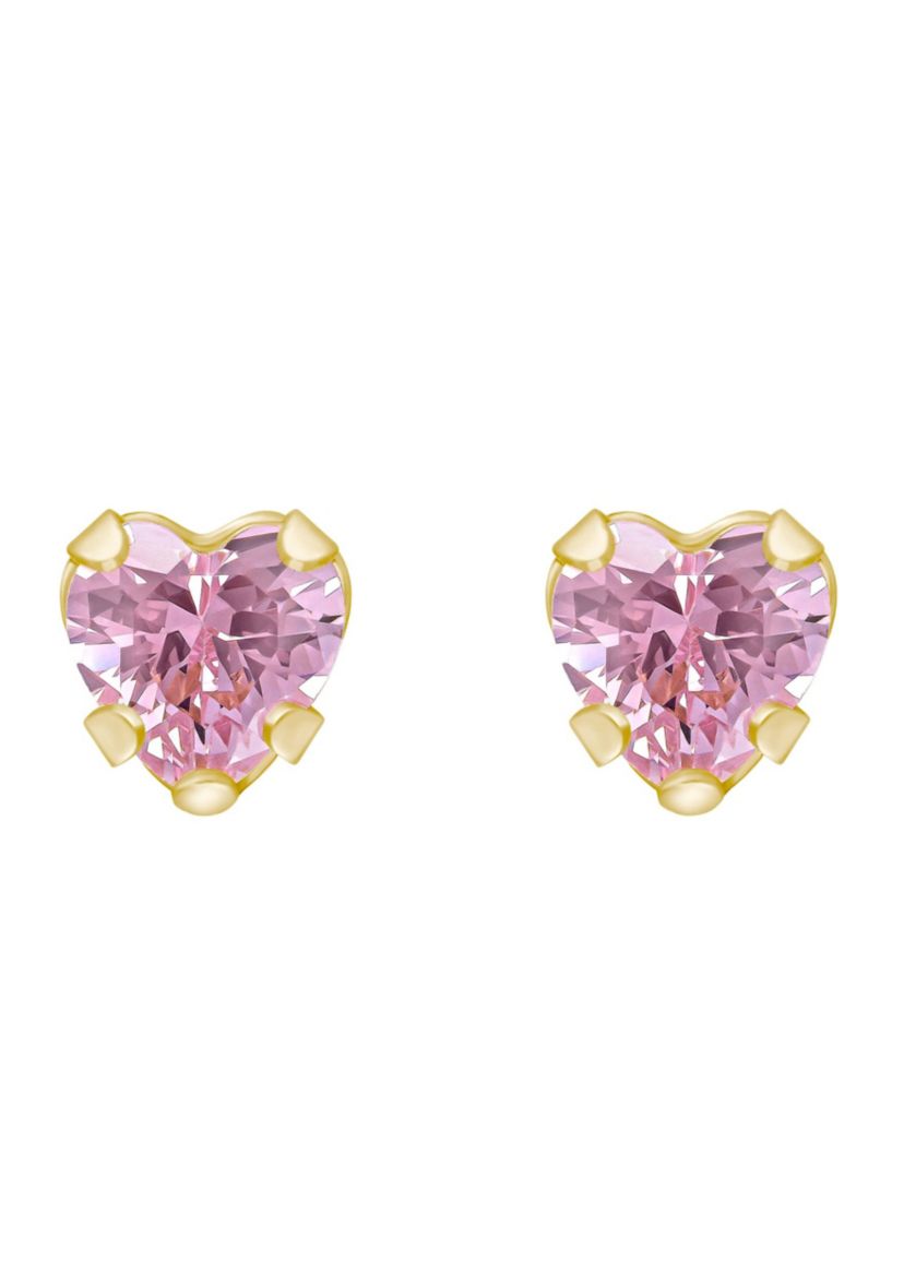 14K Yellow Gold 4mm Heart Shape Pink Cubic Zirconia Stud Earrings