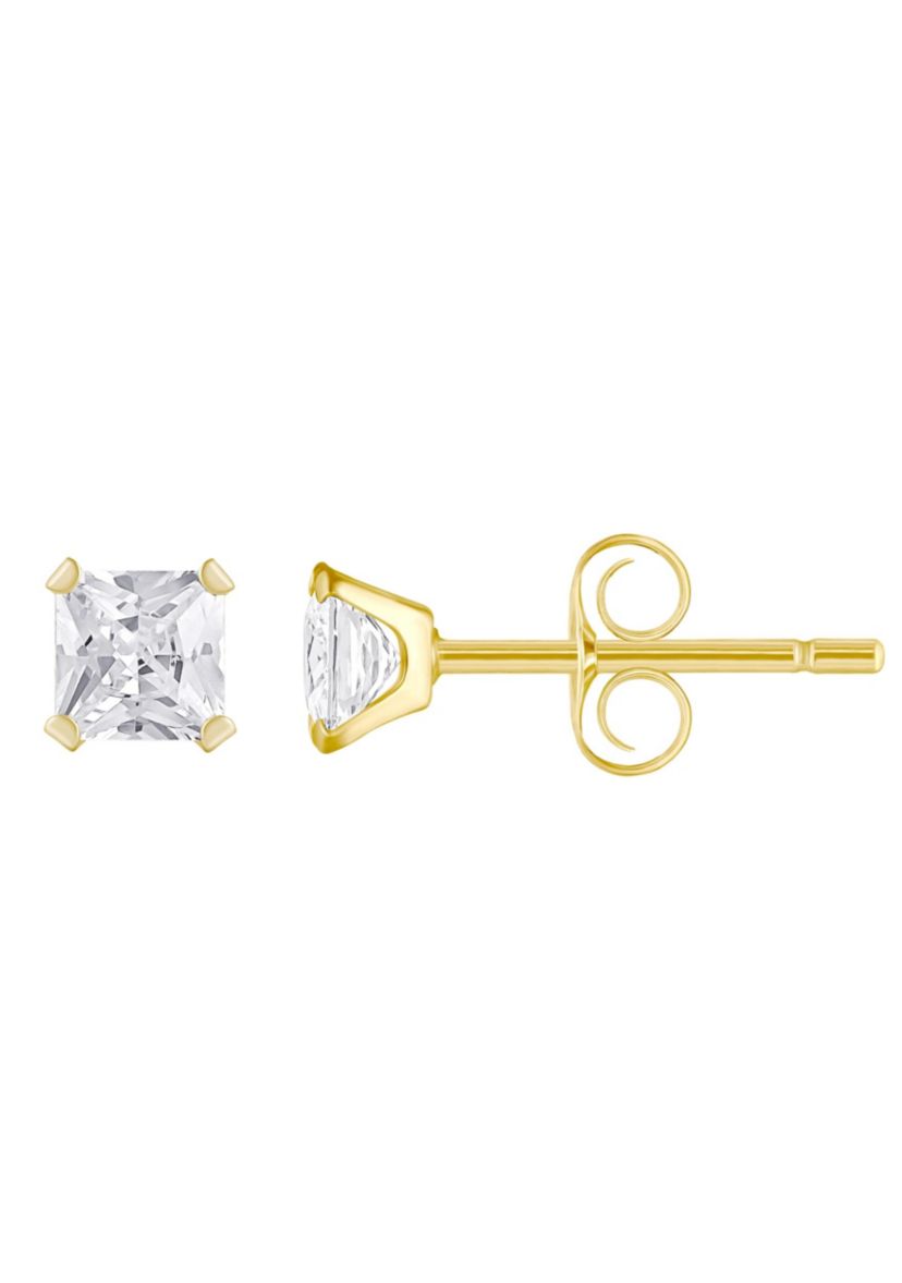 14K Yellow Gold 3mm Princess Cut Cubic Zirconia Stud Earrings